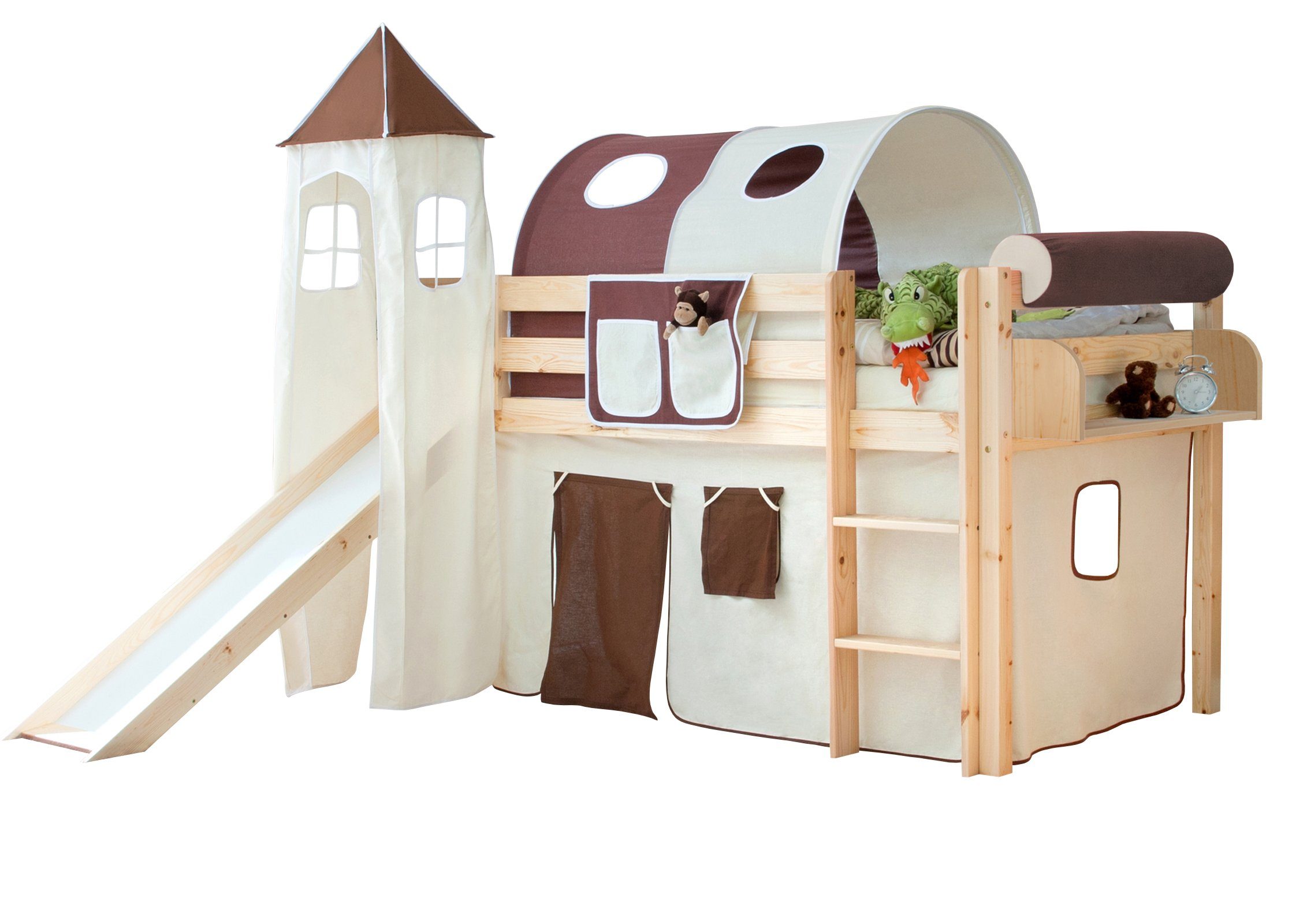 Ticaa Hochbett Rutschbett mit Turm "Kasper" Kiefer Natur Classic