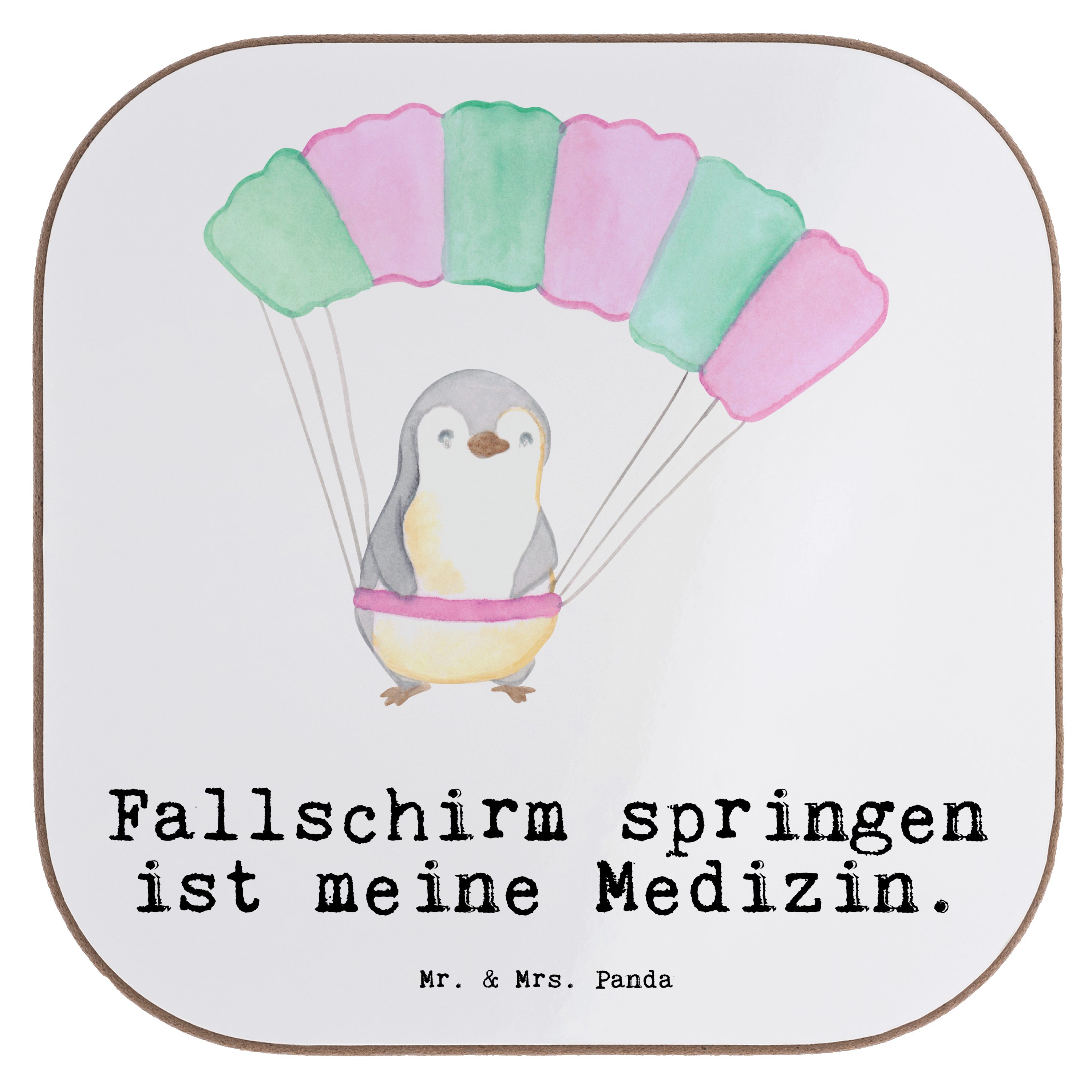 Mr. & Mrs. Panda Getränkeuntersetzer Pinguin Fallschirm springen Medizin - Weiß - Geschenk, Schenken, Unte, 1-tlg.