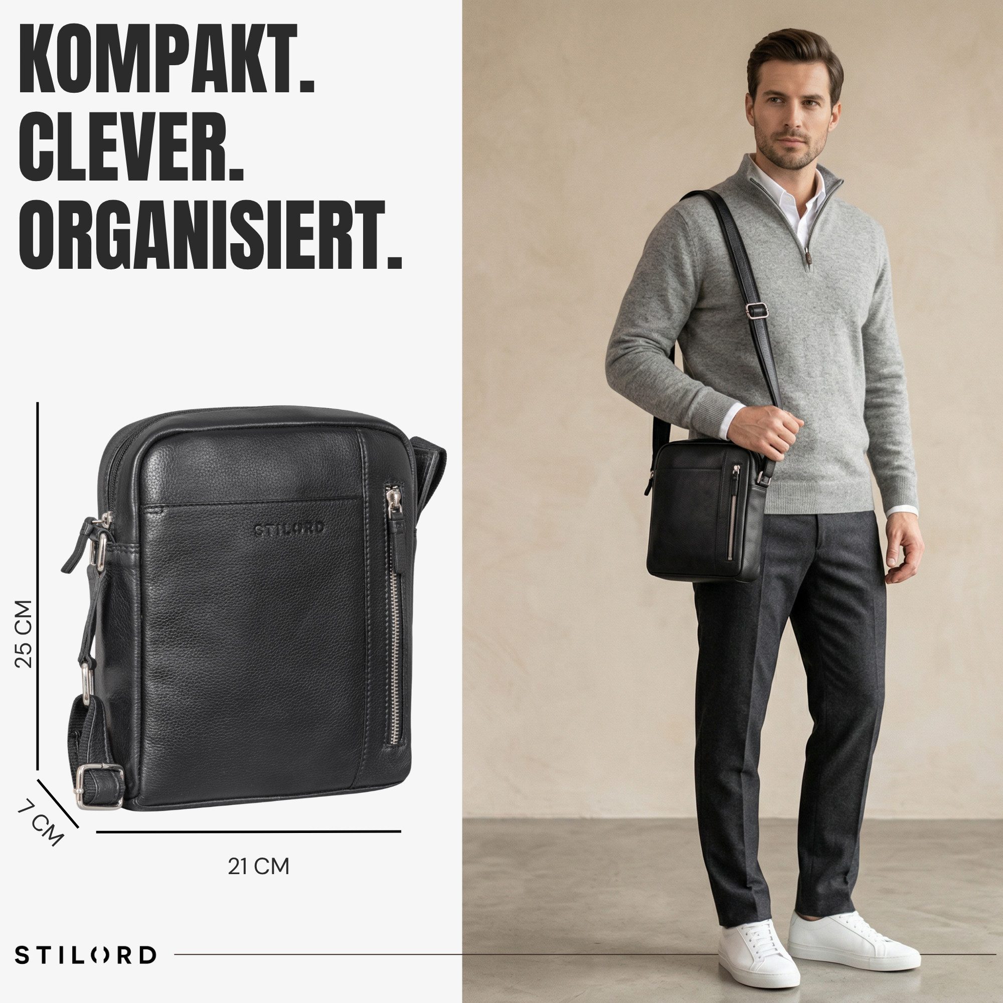 STILORD Schultertasche "Memphis" Kleine Ledertasche Umhängetasche Herren