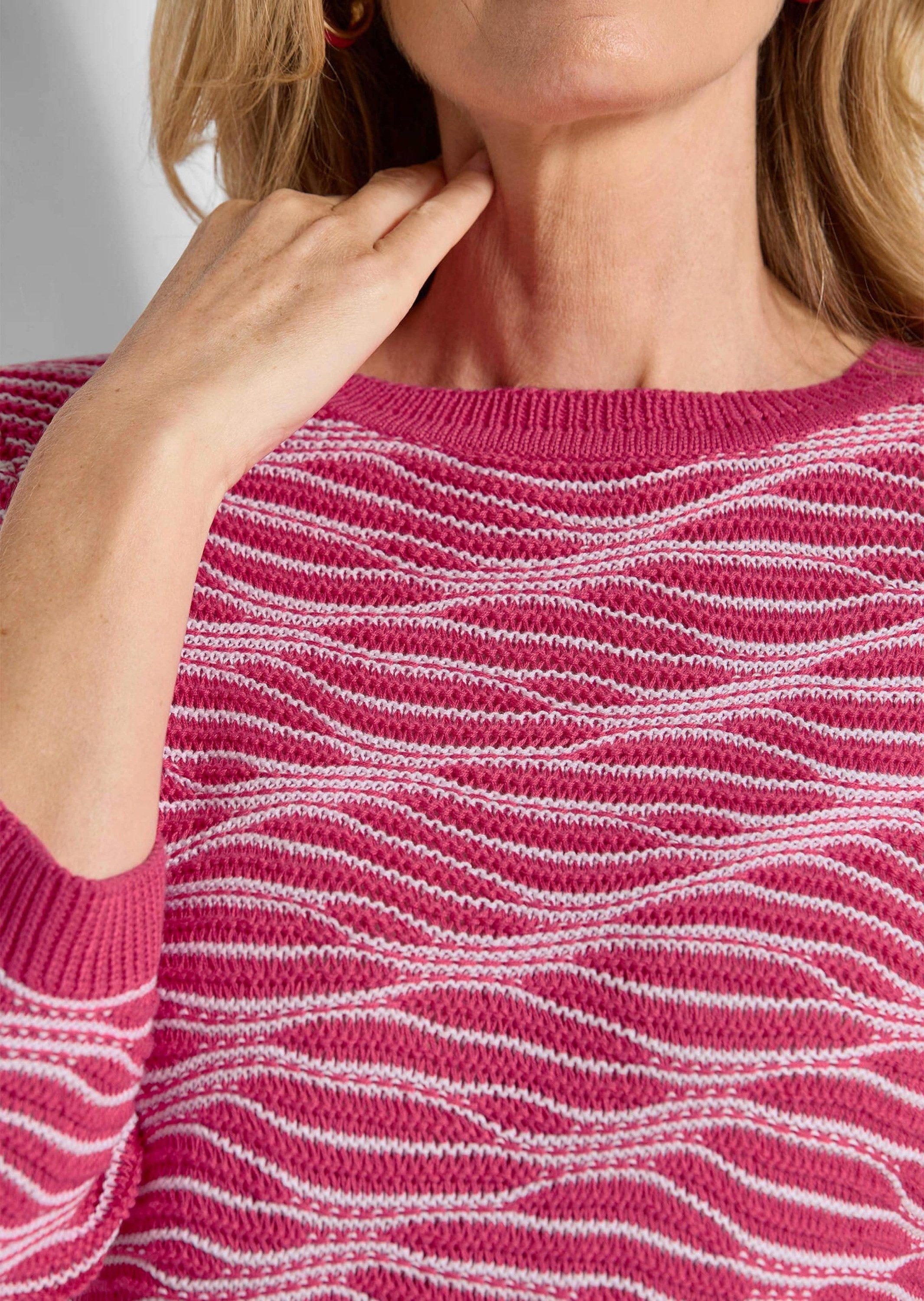 GOLDNER Strickpullover Kurzgröße: Baumwollpullover mit Wellenstruktur Strukturpullover mit U-Boot-Ausschnitt und 3/4-Arm