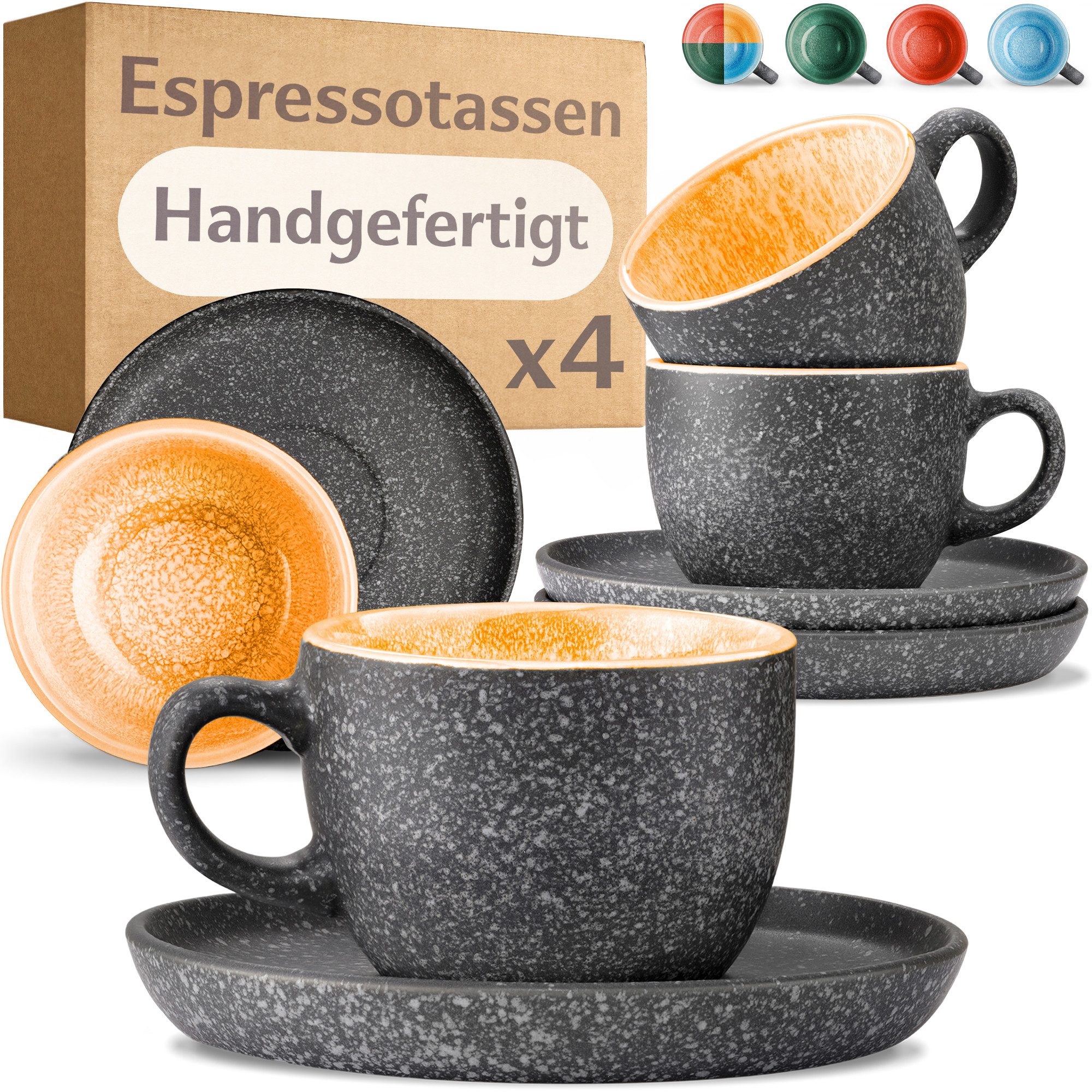 Cosumy Cappuccinotasse Espressotassen mit Untertassen 4er Set - 90 ml Keramik gelb, 8-tlg., Keramik, Warm