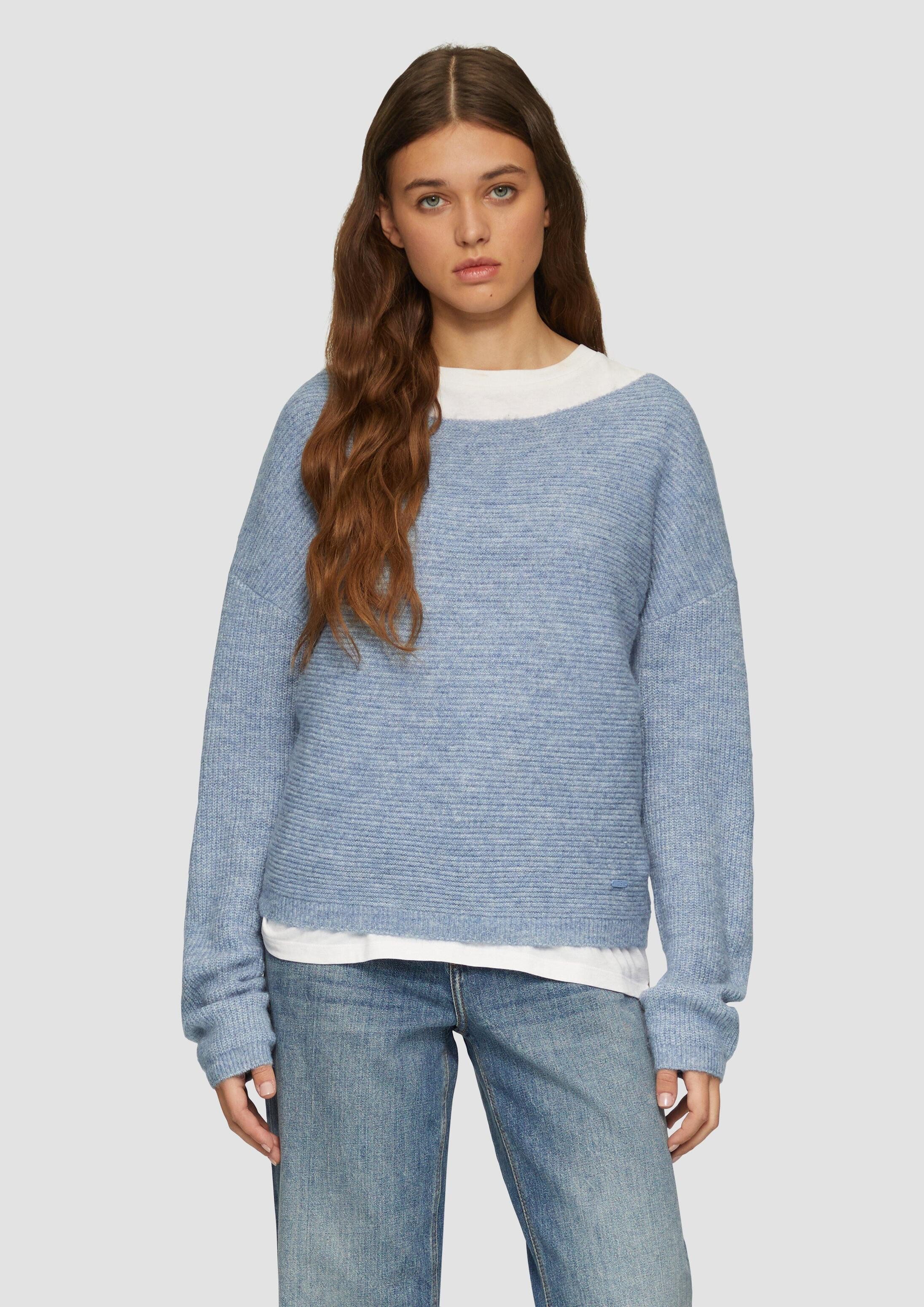 QS Longpullover Strickpullover Melierter Pullover mit überschnittener Schulter