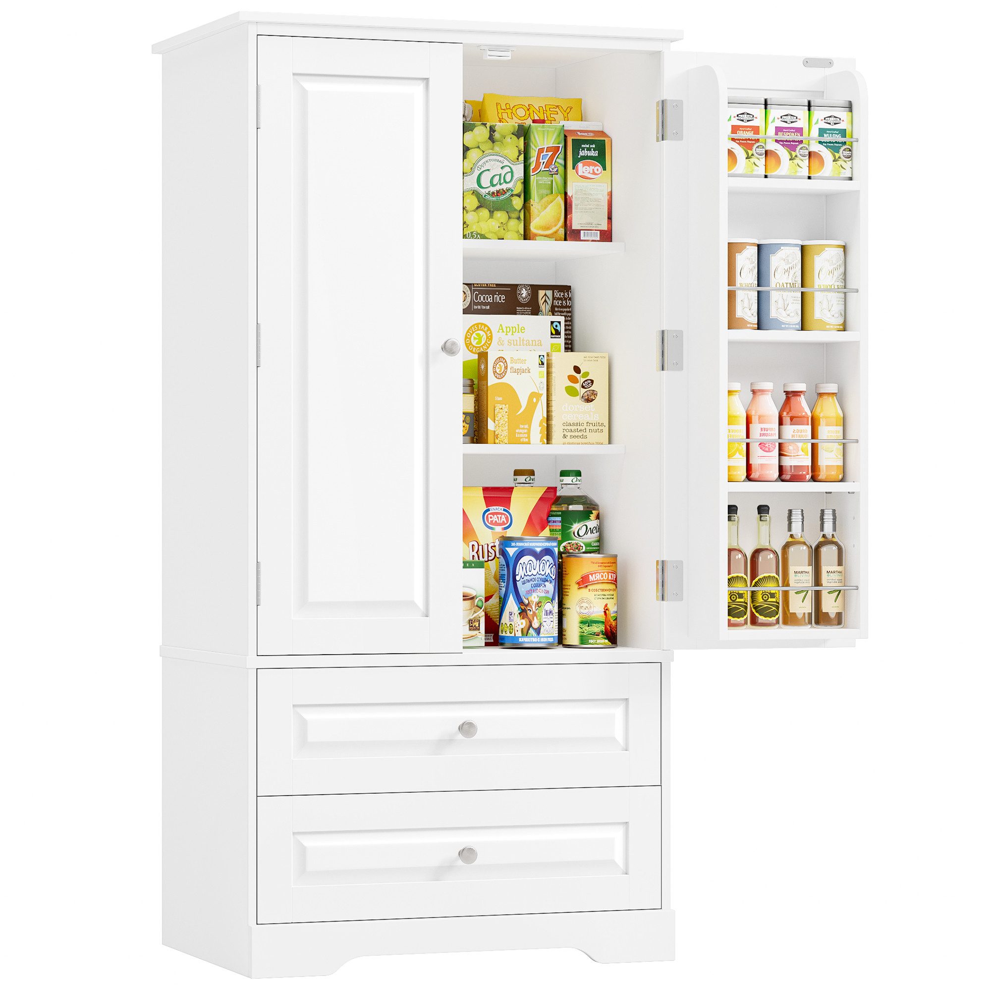 Homfa Mehrzweckschrank Küchenschrank Vorratsschrank Buffetschrank Speiseschrank mit 8 Türregalen, 2 Schubladen, 60x40x120cm