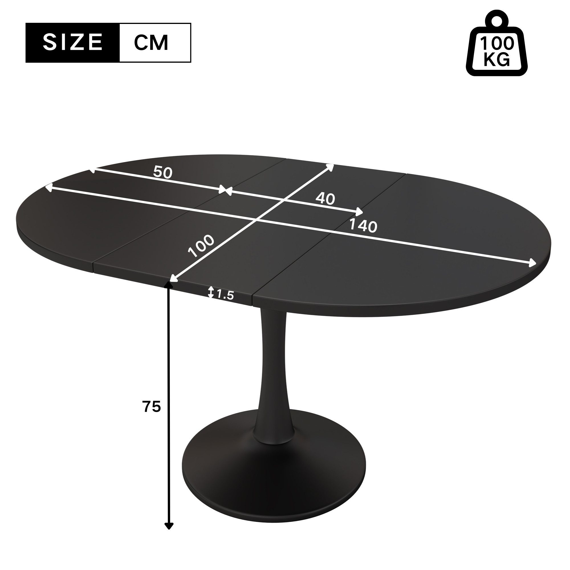 Flieks Esstisch ausziehbarer Küchentisch rund/oval, Eisengestell (verstellbare Länge 100-140x100x75 cm, Höhe Tischplatte 1,8 cm, 1-St., 1 Tisch, für 4-6 Persone – Bild 4 von 5