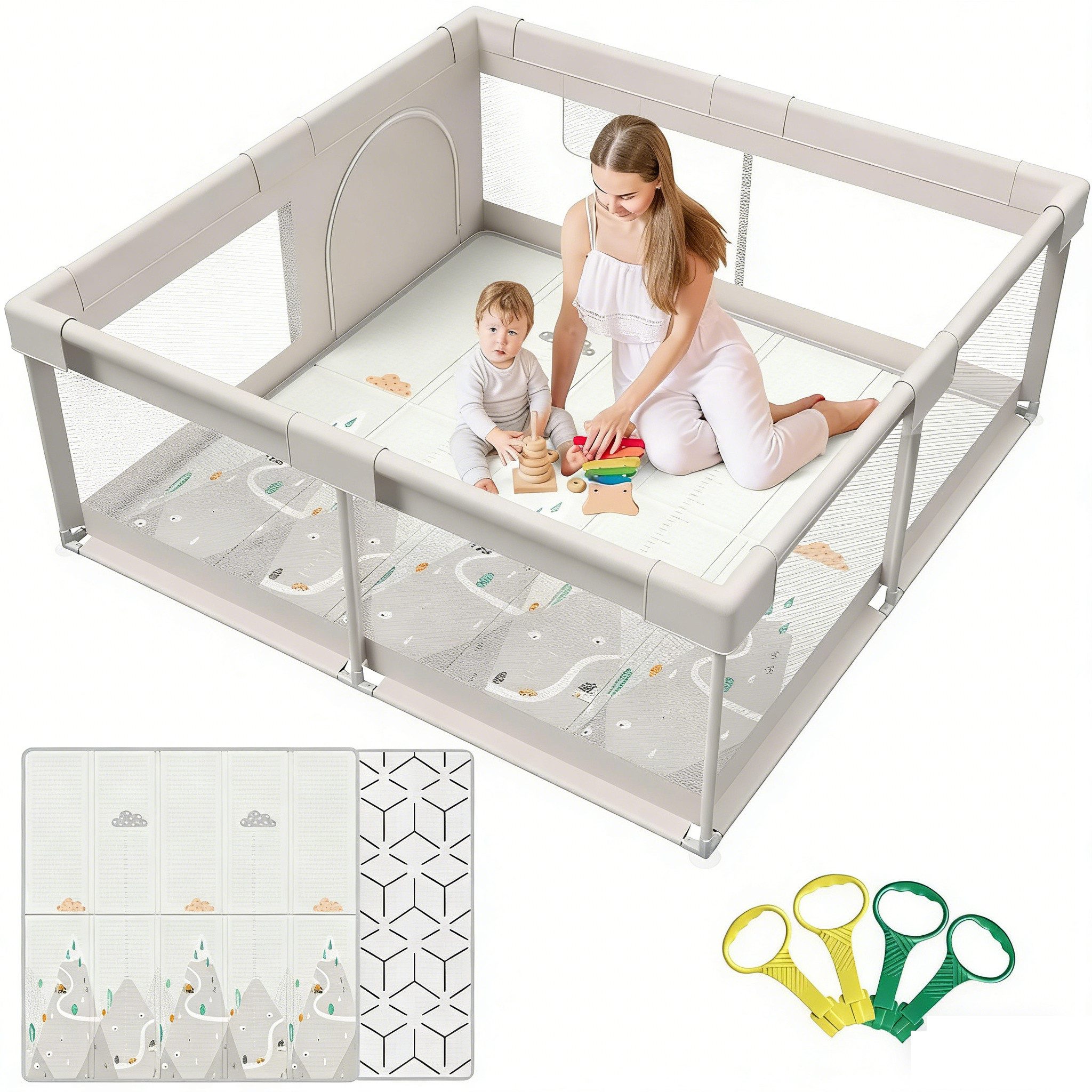 MC Star Laufgitter mit Matte 150x150 cm, Laufstall Baby mit Matratze (Sicher und Geräumig für die Wohnung, Rutschfeste Basis, Atmungsaktives Netzdesign (150X150X64 cm)