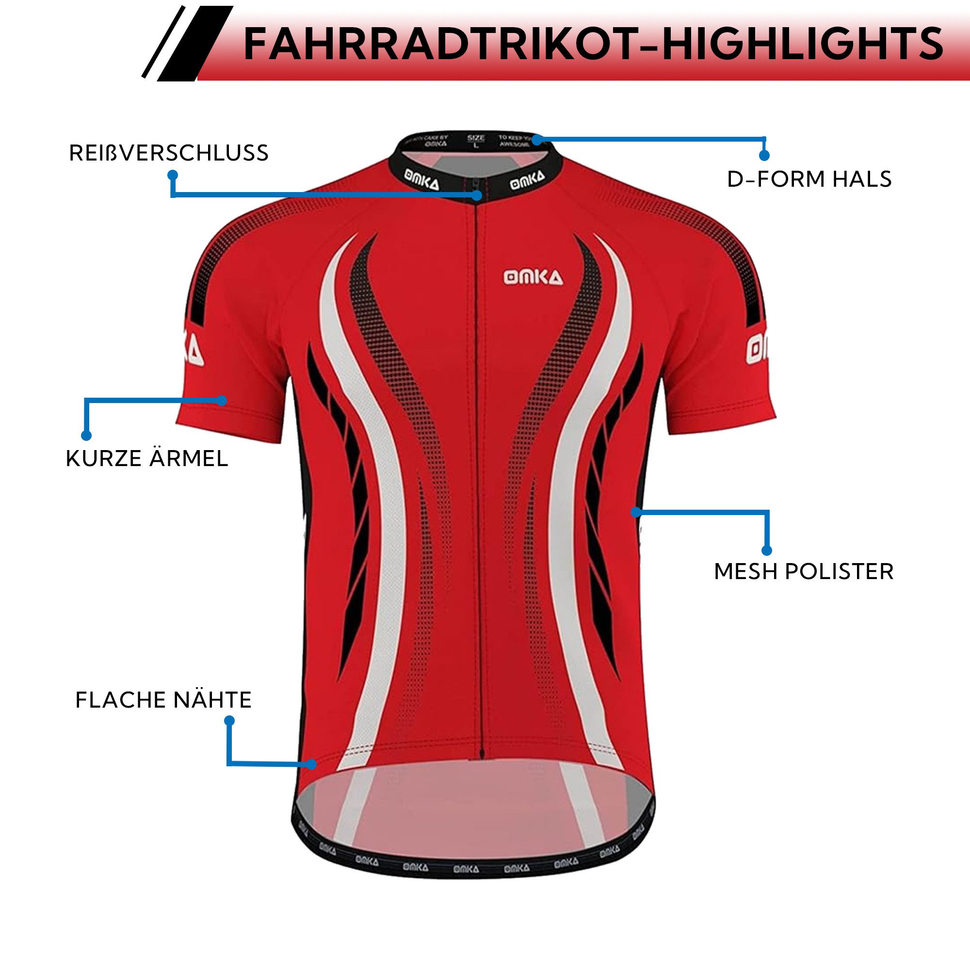 OMKA Radtrikot ME-3013 Rot/Weiß Herren Racing Performance Radtrikot mit Sublimationsdruck
