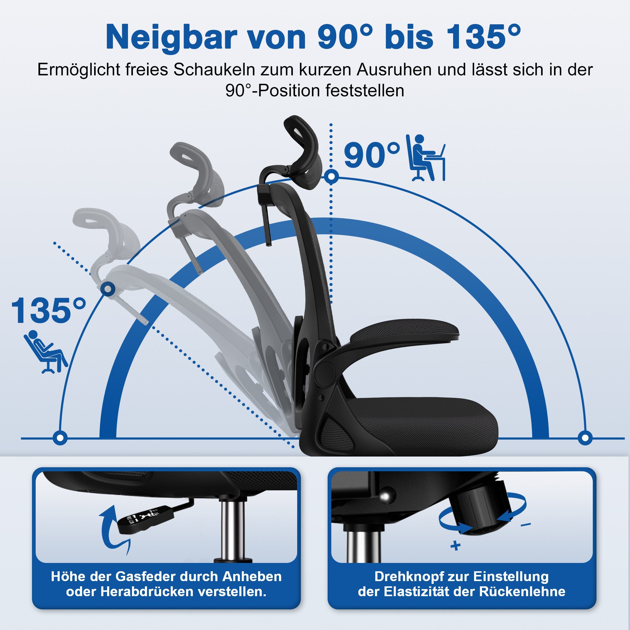 Adormii Bürostuhl Ergonomischer Bürostuhl mit klappbaren Armlehnen und Rückenlehnen (Drehstuhl mit Drehbare, höhenverstellbarer Kopfstütze, geräuscharme Rollen, 90°-135° Wippfunktion Bürostuhl, belastbar bis 150kg, Netz atmungsaktiv, Chefsessel), Leise Rollen, getestet und garantiert für 2-Jahre