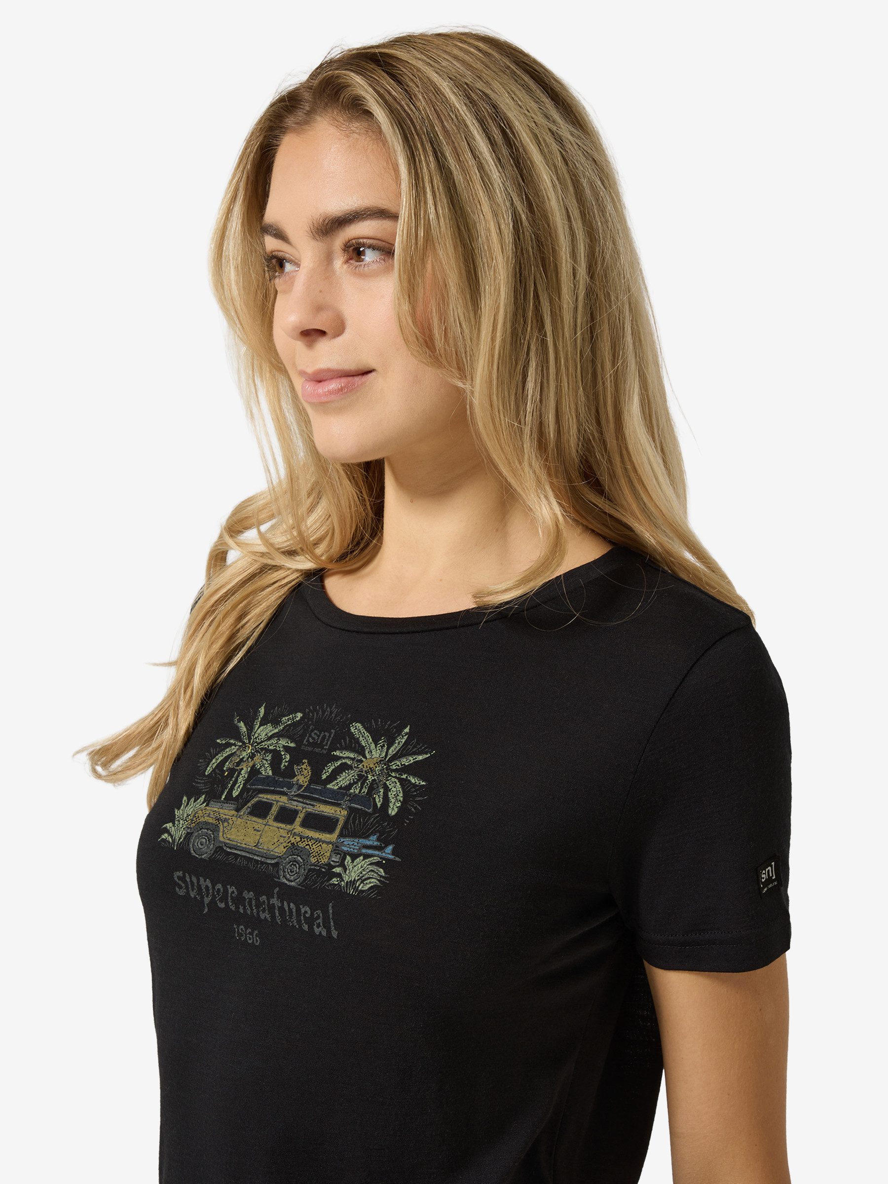 SUPER.NATURAL T-Shirt für Damen,Merino W TROPICAR TEE mit Sommer-Motiv, atmungsaktiv