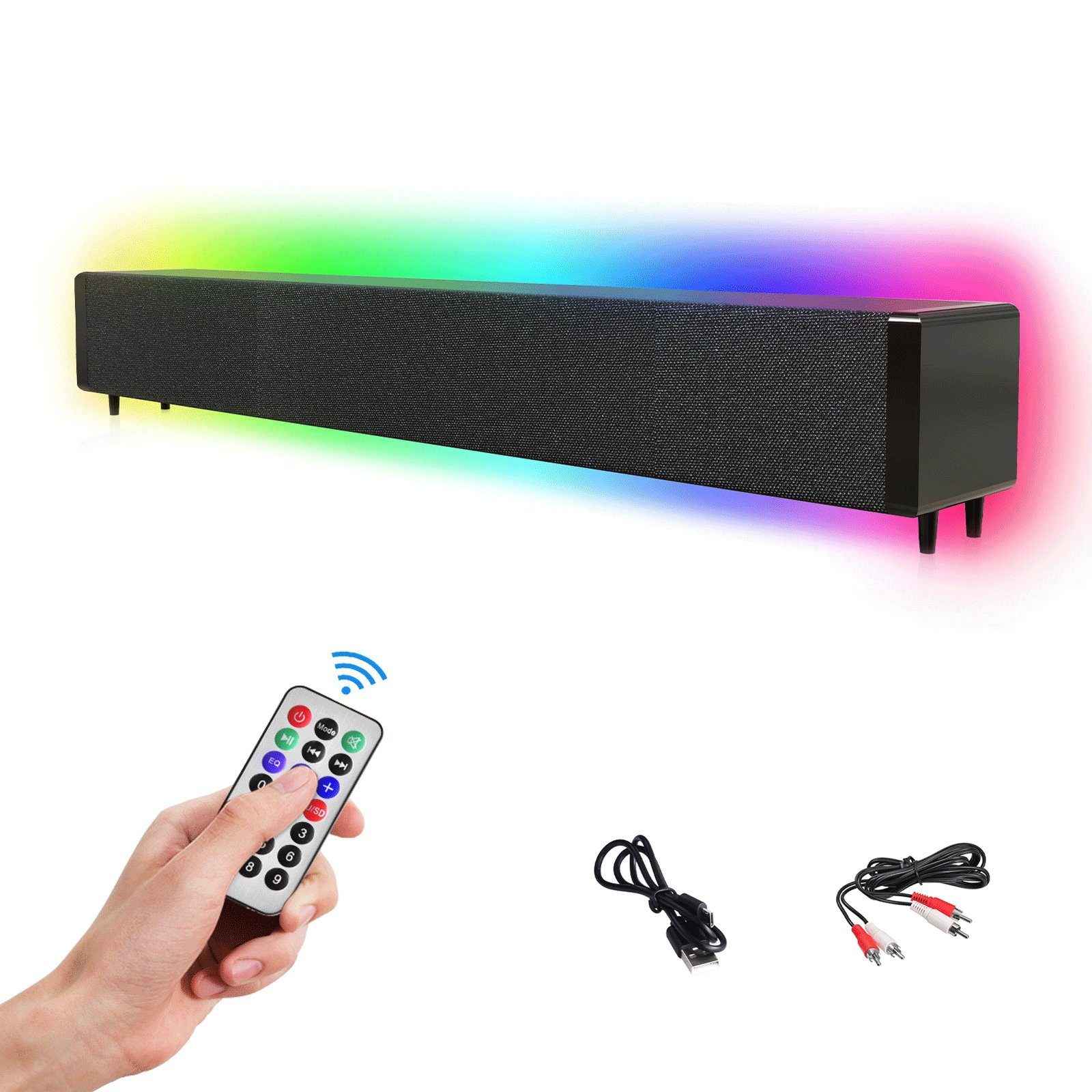 Sross Soundbar mit Fernbedienung und Cinch-USB-AUX-Anschluss für TV-PC(hölzern)  Soundbar (Kabellose Verbindung, Soundleiste mit RGB, Computerlautsprecher,  TV-Lautsprecher)