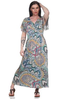 Aurela Damenmode Sommerkleid Luftige Damen Maxikleider leichte Strandkleider mit modischem Muster, Raffung in der Taille, Gesamtlänge: 124 - 126cm