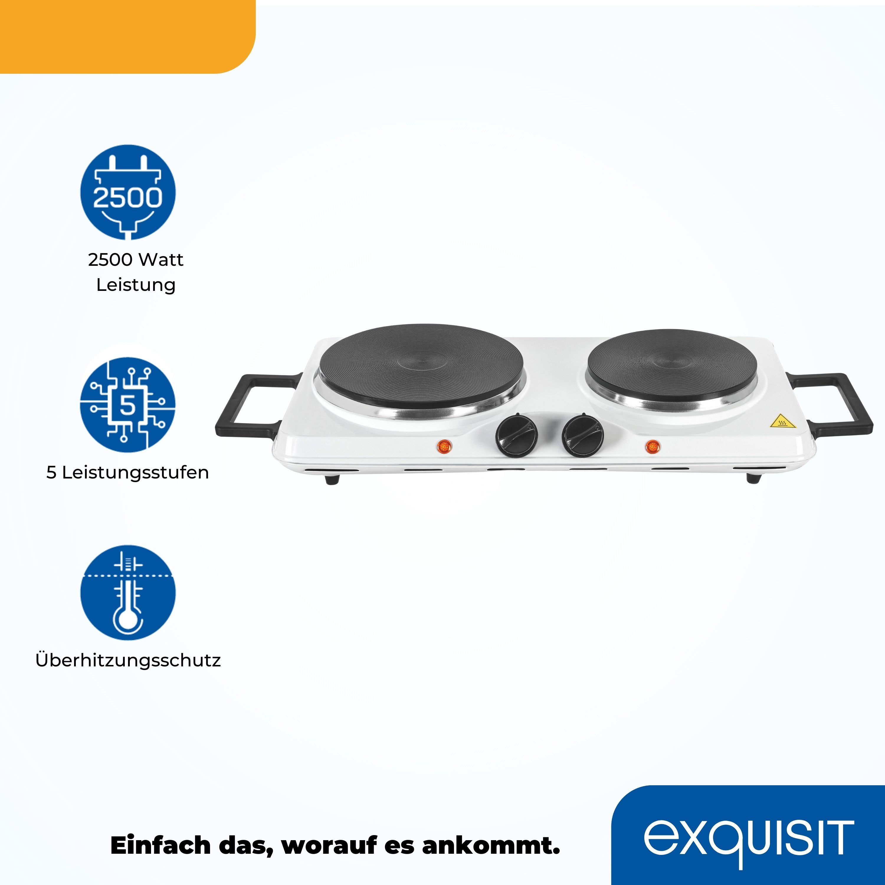 exquisit Doppelkochplatte KP 3202, 2500 W, Massekochfeld, 2 Kochzonen, flexibles Kochen überall