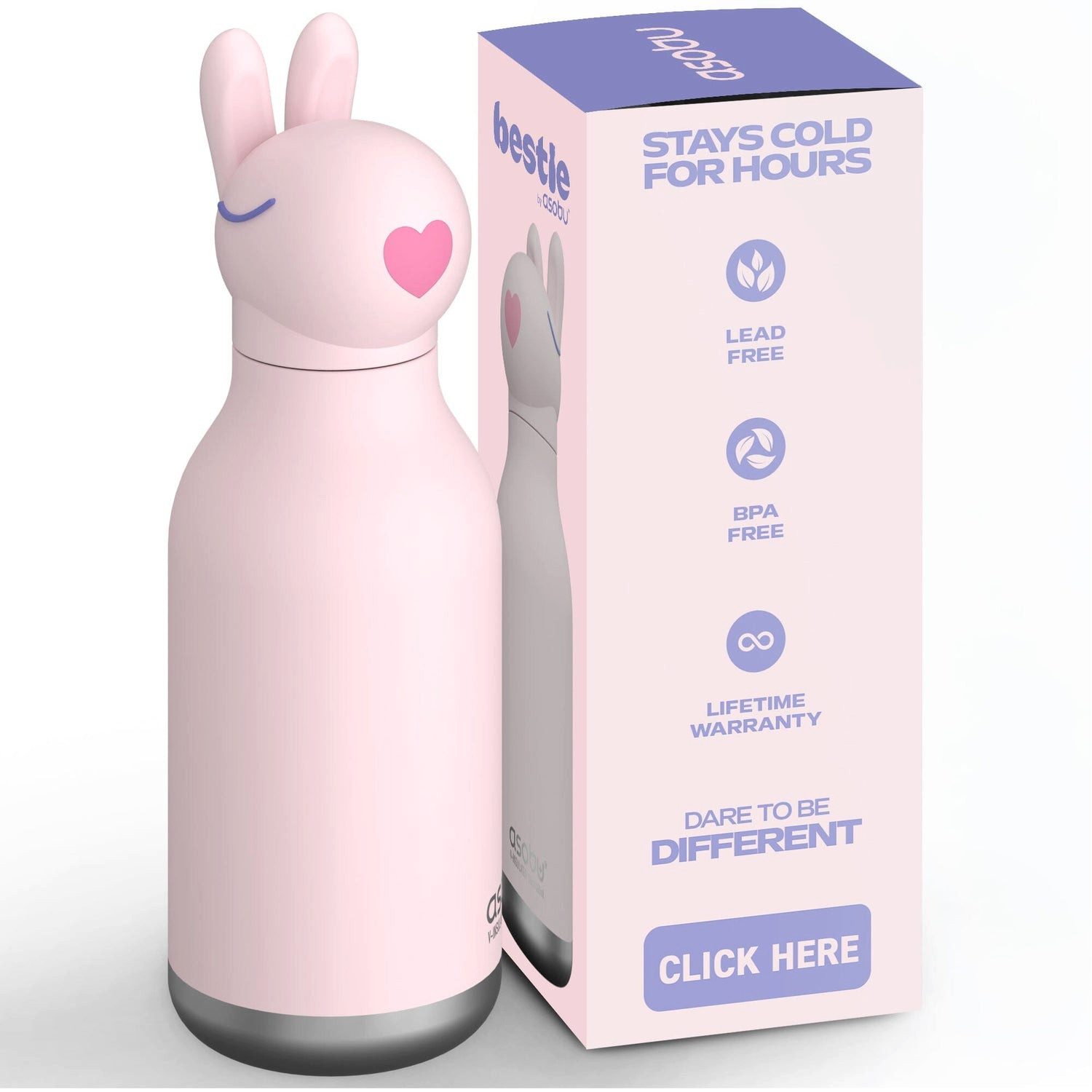 ASOBU Trinkflasche asobu Bestie Bottle Hase -Bubbles- Bunny– isolierte Kindertrinkflasche