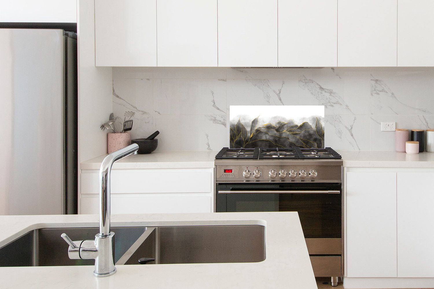 60x30 - und - - Küchen gegen Küchenrückwand Marmor Luxus Fett Gold Wandschutz, MuchoWow Marmoroptik, Schmutzflecken cm, für - Schwarz (1-tlg),