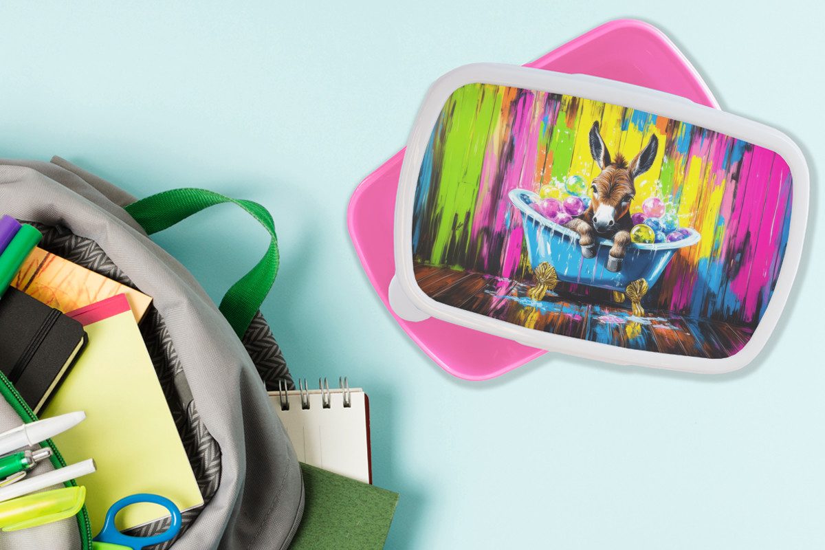MuchoWow Lunchbox Esel - Badewanne - Rosa - Schaumstoff, Kunststoff, (2-tlg), Brotdosen, Lunch Box, Brotbox für Kinder und Erwachsene