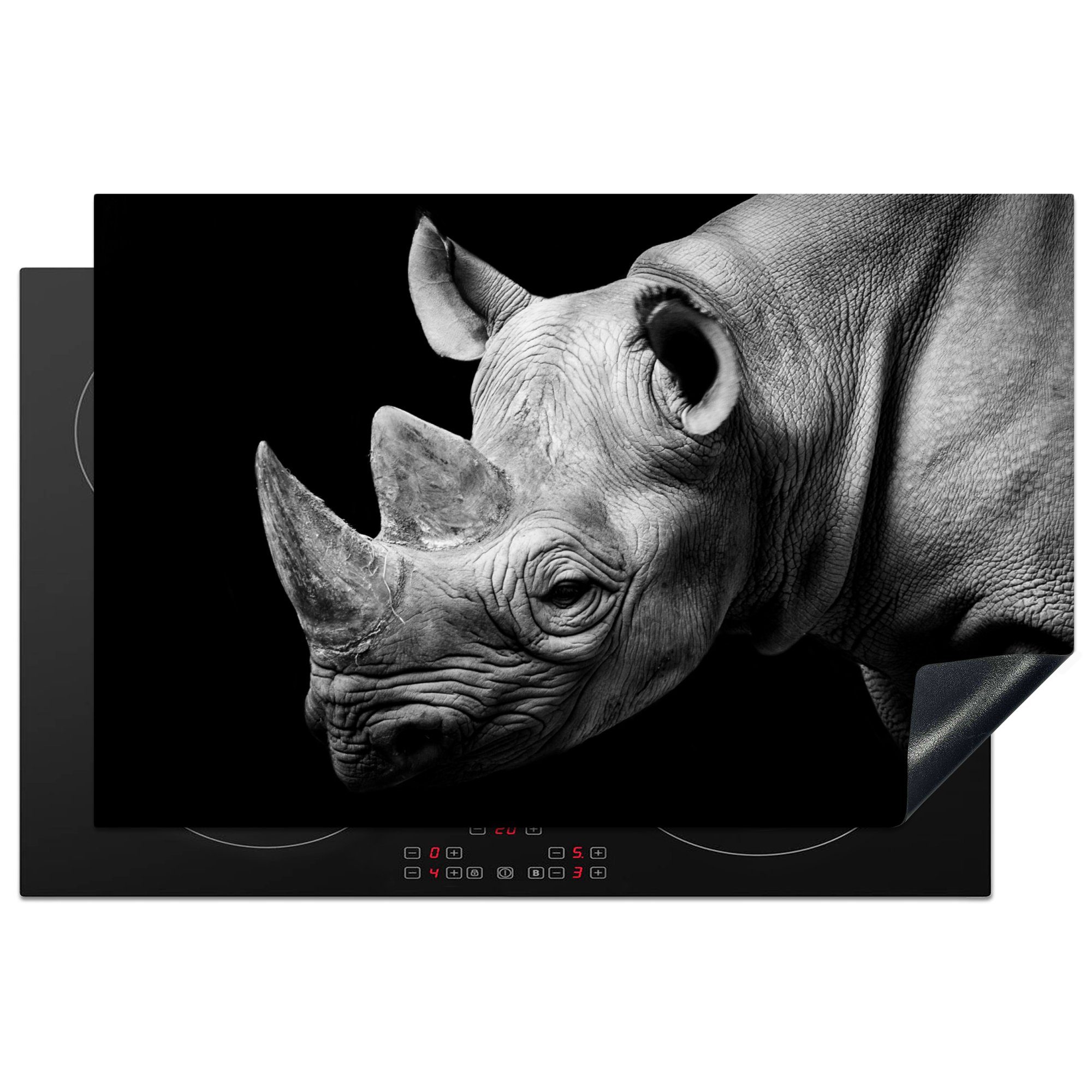 MuchoWow Herdblende-/Abdeckplatte Tiere - Nashorn - Schwarz - Weiß - Porträt, Vinyl, (1 tlg), 81x52 cm, Ceranfeldabdeckung, Arbeitsplatte für küche
