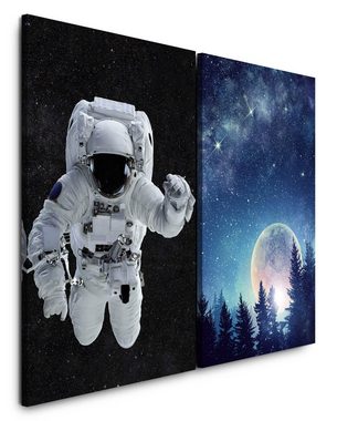 Sinus Art Leinwandbild 2 Bilder je 60x90cm Astronaut Vollmond Steine Milchstraße Tannenwald Sommernacht Zauberhaft