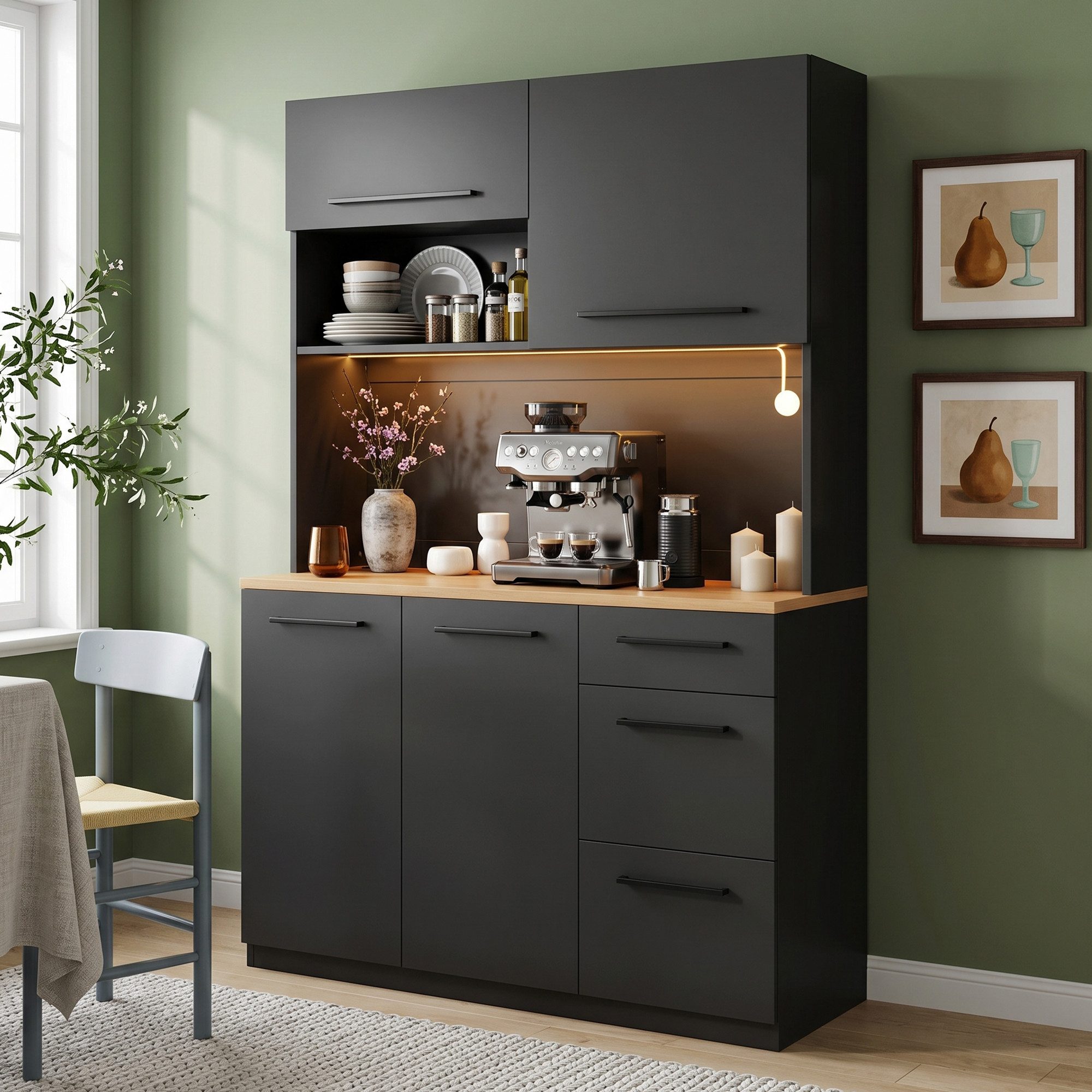 Flieks Küchenbuffet mit Steckdosen, LED-Beleuchtung und verstellbarer Einlegeböden (mit naturfarbener Arbeitsplatte in Holzoptik, 1-St., B120/T40/H180 cm) Hochschrank Küchenschrank Geschirrschrank mit Ladefunktion Schwarz