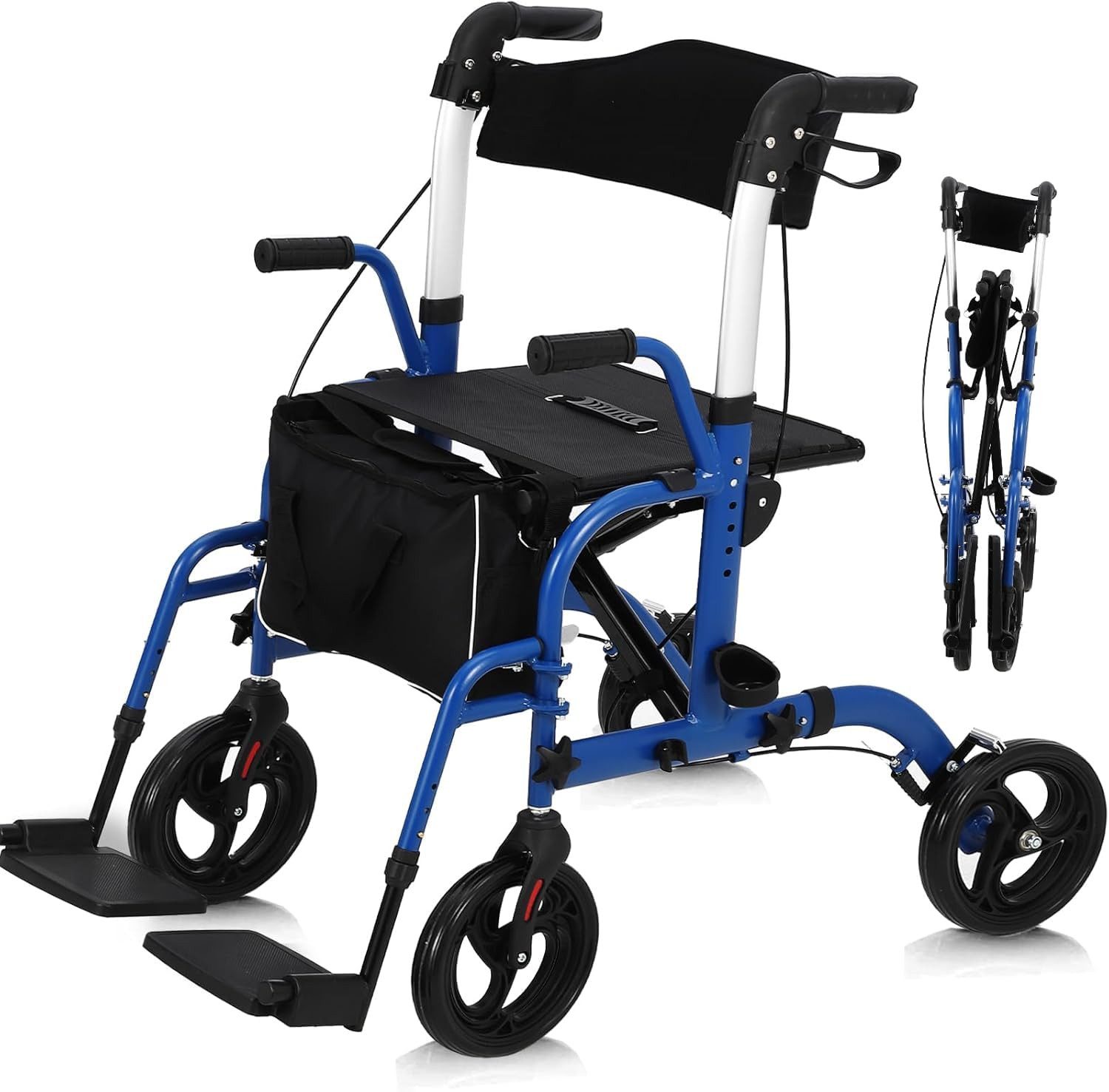 GarveeMore Rollator Gehhilfe, Ruhesitz, Gehwagen, klappbar & höhenverstellbar, 3 in 1 aus Aluminium mit Armlehnen und Fußstützen