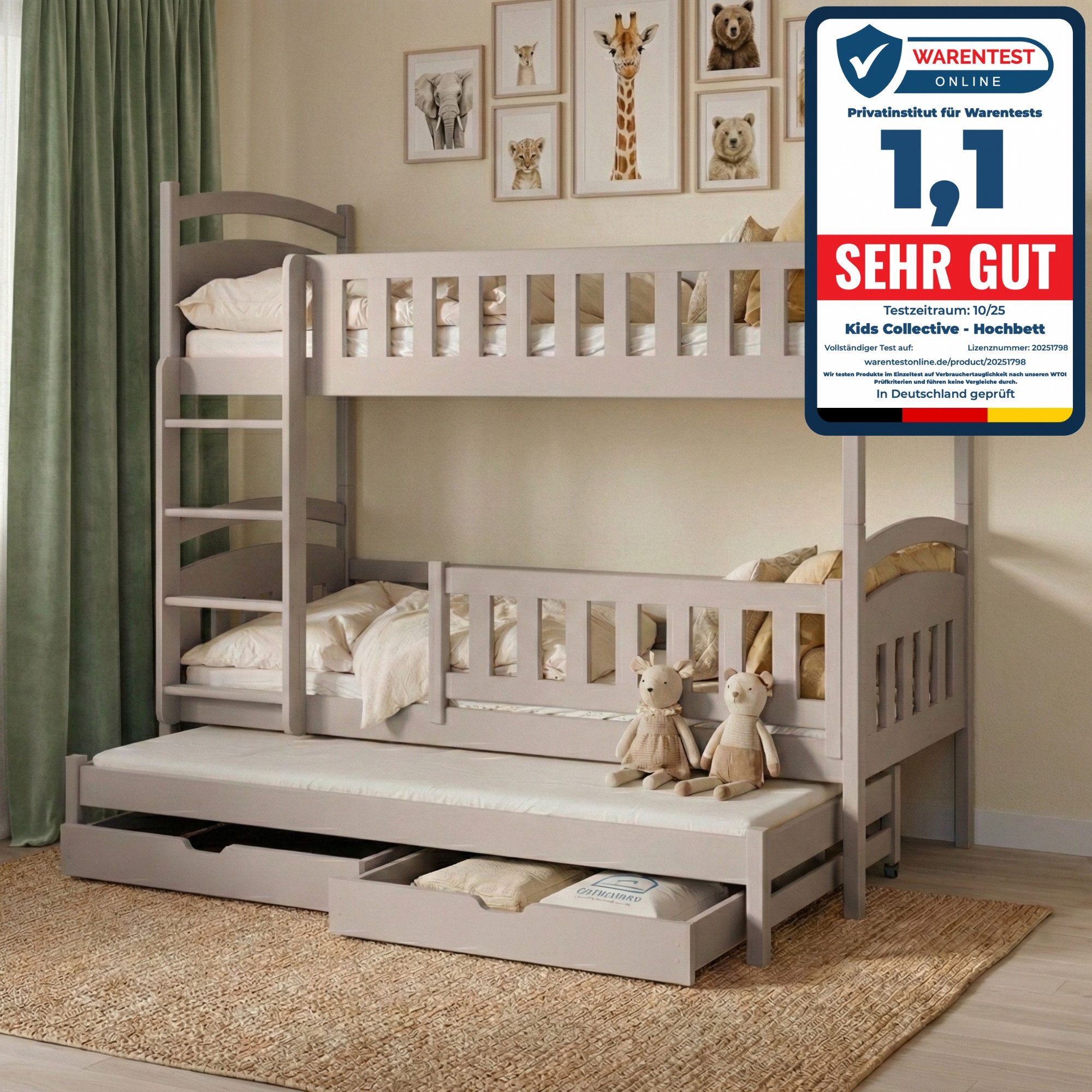 Kids Collective Etagenbett Hochbett Stockbett Kinderbett 90x200 cm mit Ausziehbett und Schubladen (Modell 2025), Umbaubar zu 3 Einzelbetten mit Lattenrosten & Rausfallschutz, Kaschmir