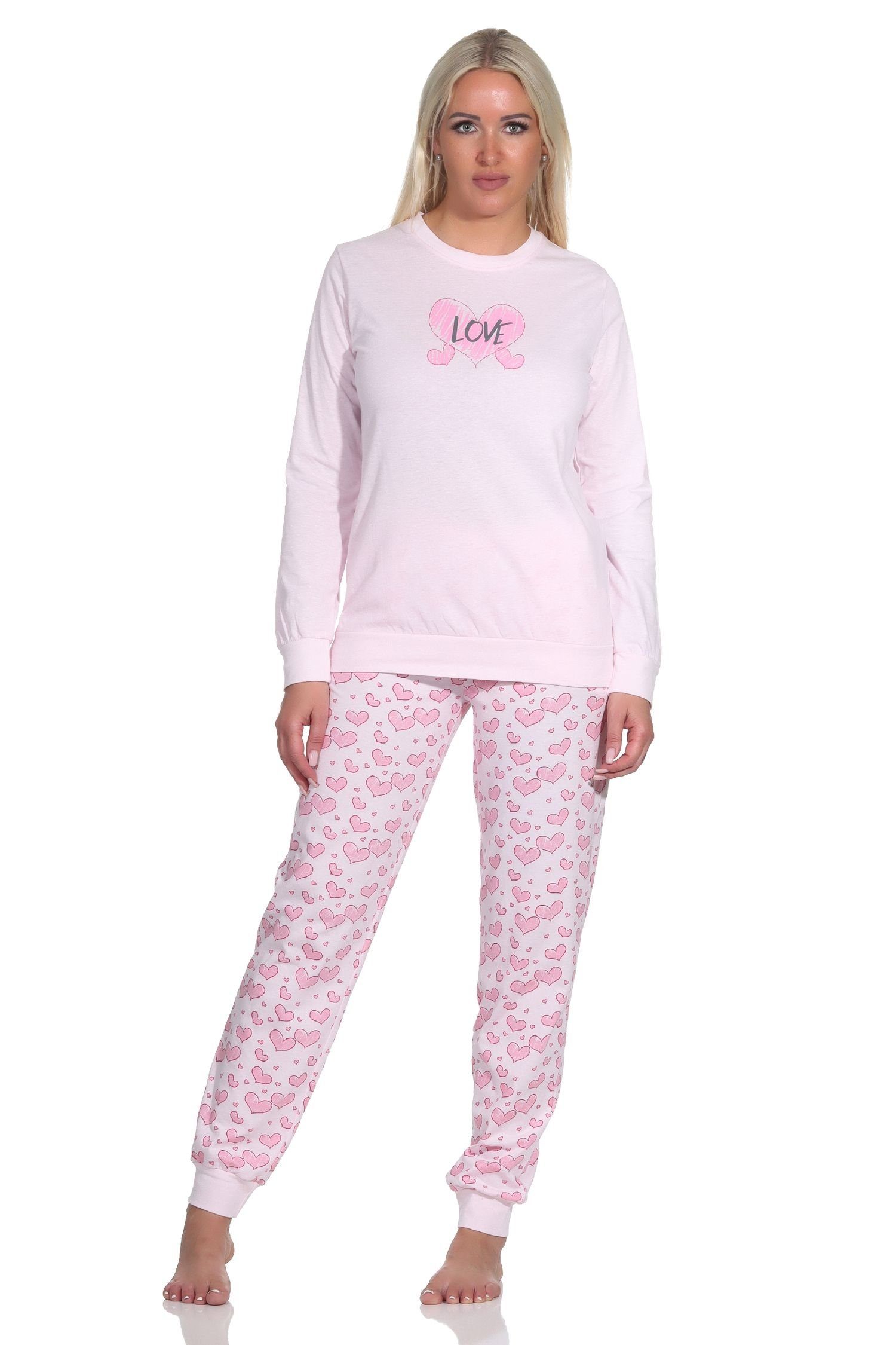 mit Schlafanzug Motiv Damen Optik in Normann Herz Pyjama Bündchen rosa Langarm