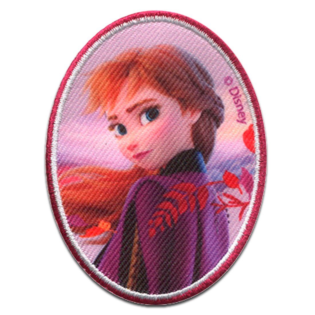 Disney Aufnäher Bügelbild, Aufbügler, Applikationen, Patches, Flicken, zum aufbügeln, Polyester, Frozen – Die Eiskönigin Anna oval   - Größe: 5,2 x 7,2 cm