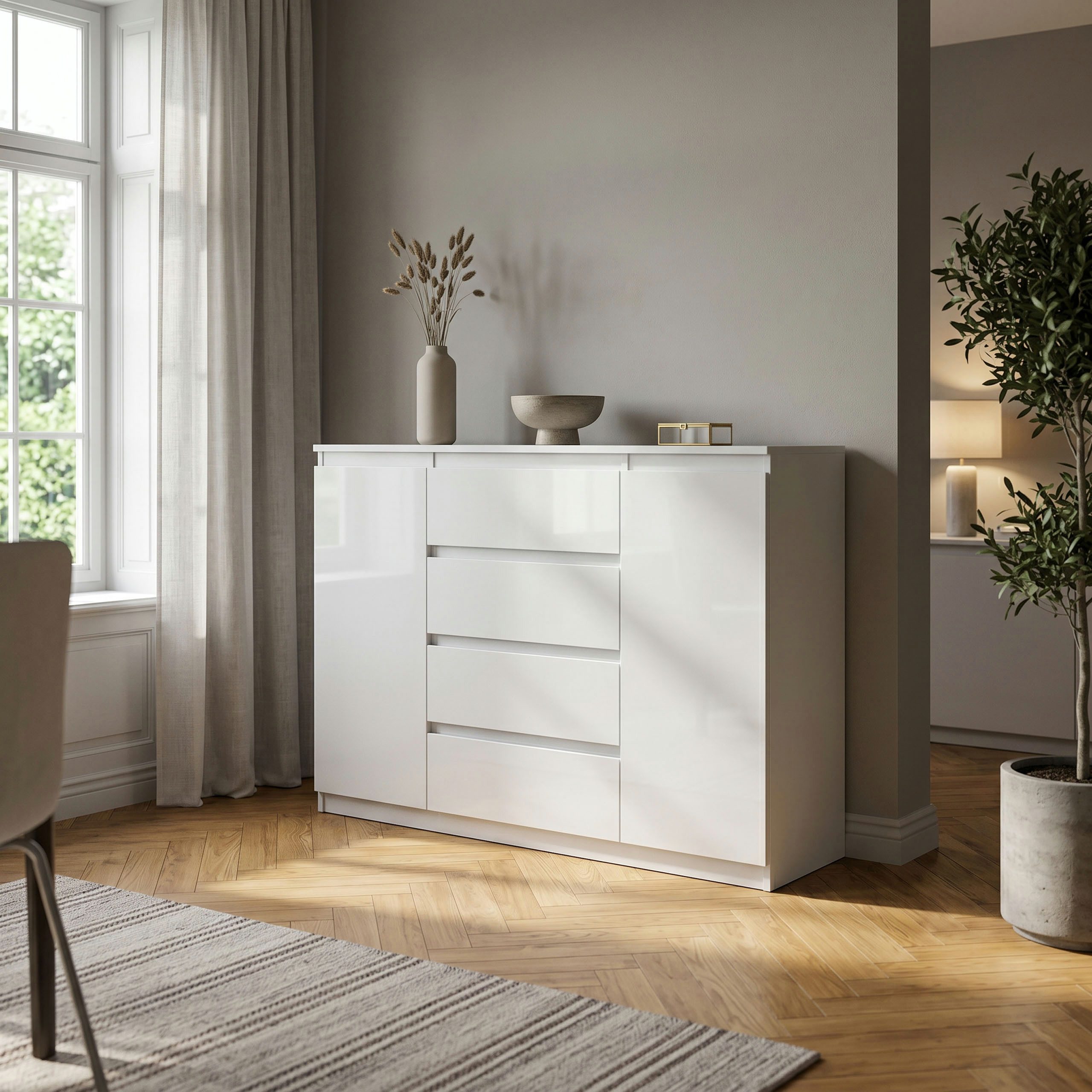 Masseno Kommode NUDO 120 cm Sideboard mit 4 Schubladen und 2 Türen Weiß – Bild 3 von 5