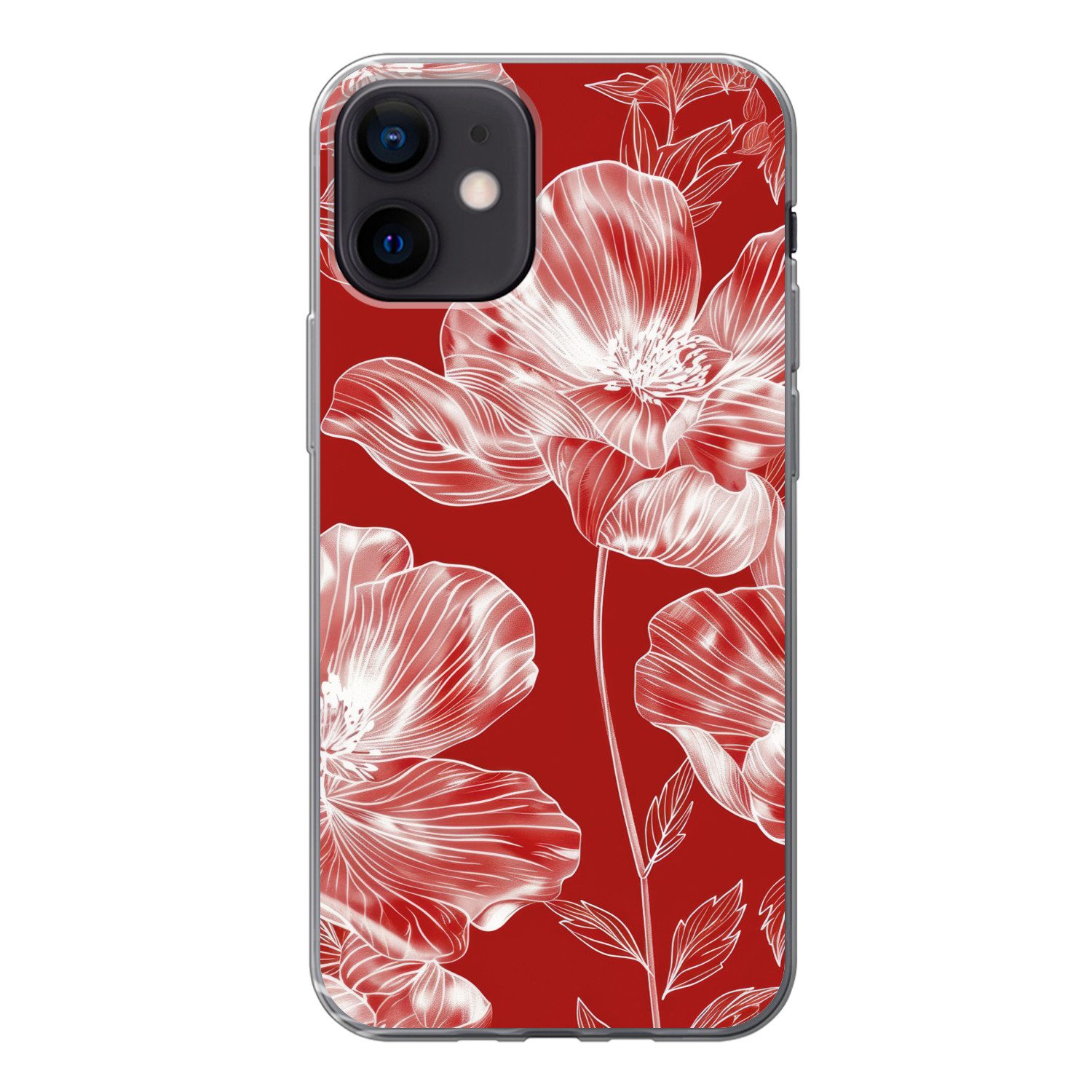 MuchoWow Handyhülle für Apple iPhone 12 Blumen - Muster - Rot - Weiß, Smartphone-Bumper, Print, Handy Schutzhülle Dünn