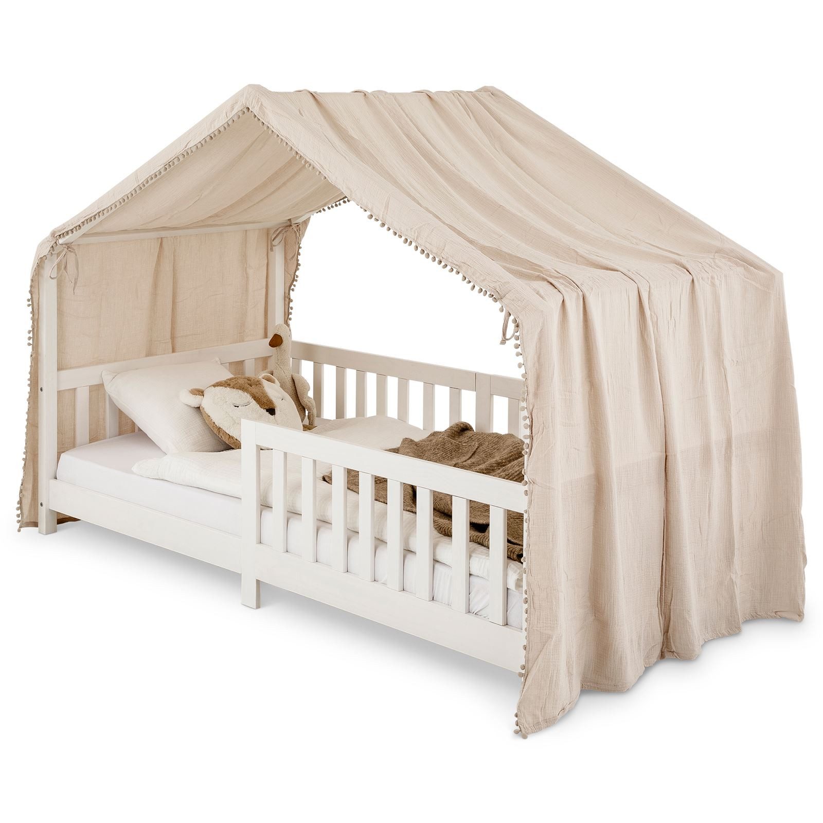 IDIMEX Betthimmel LIAN, Betthimmel Kinder aus Musselin mit Pompons beige