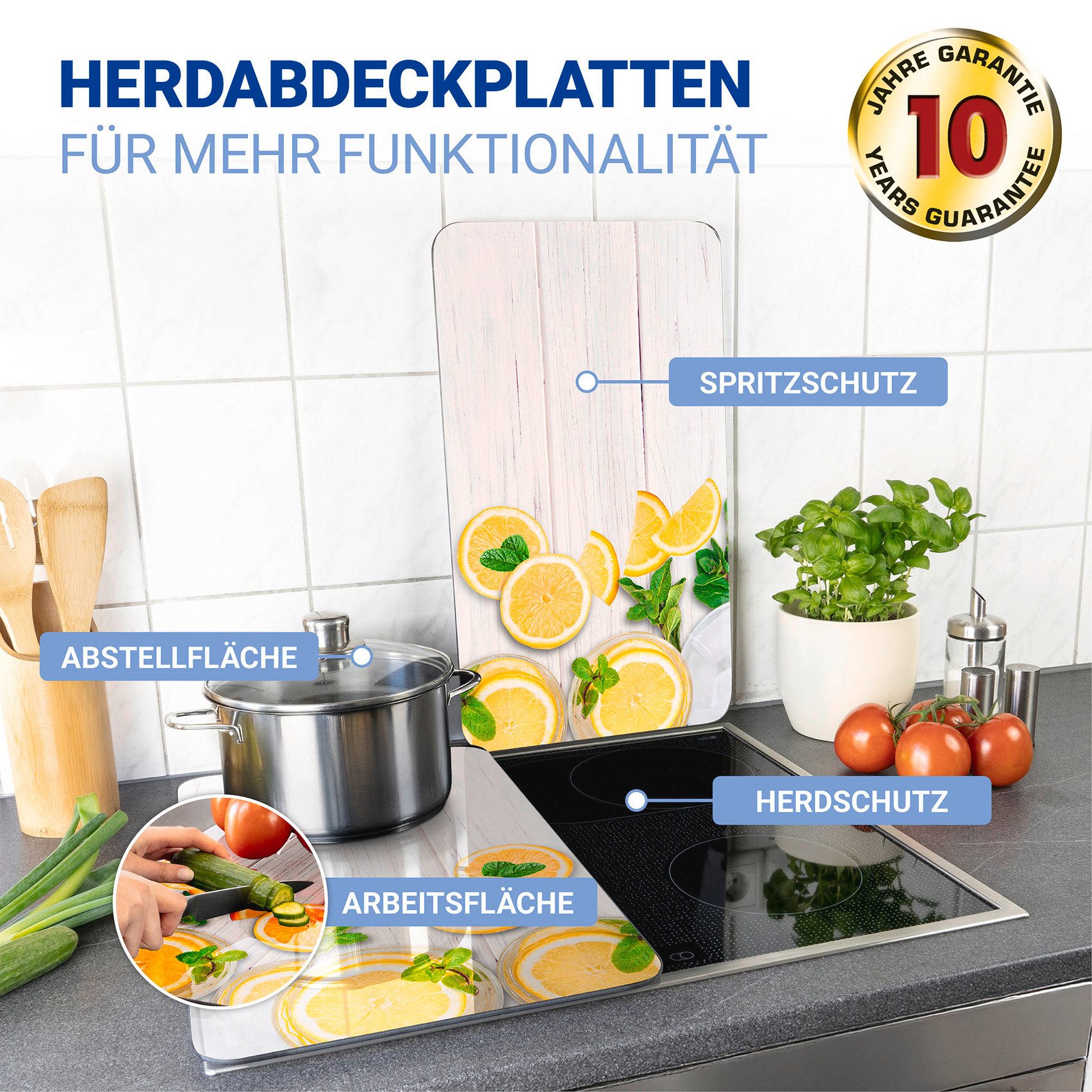 WENKO Herd-Abdeckplatte Universal Modell Zitronen, Glas, Kunststoff, (Set, 2 tlg), Herdabdeckung für alle Herdarten, kratzfest, mit rutschfesten Füßen