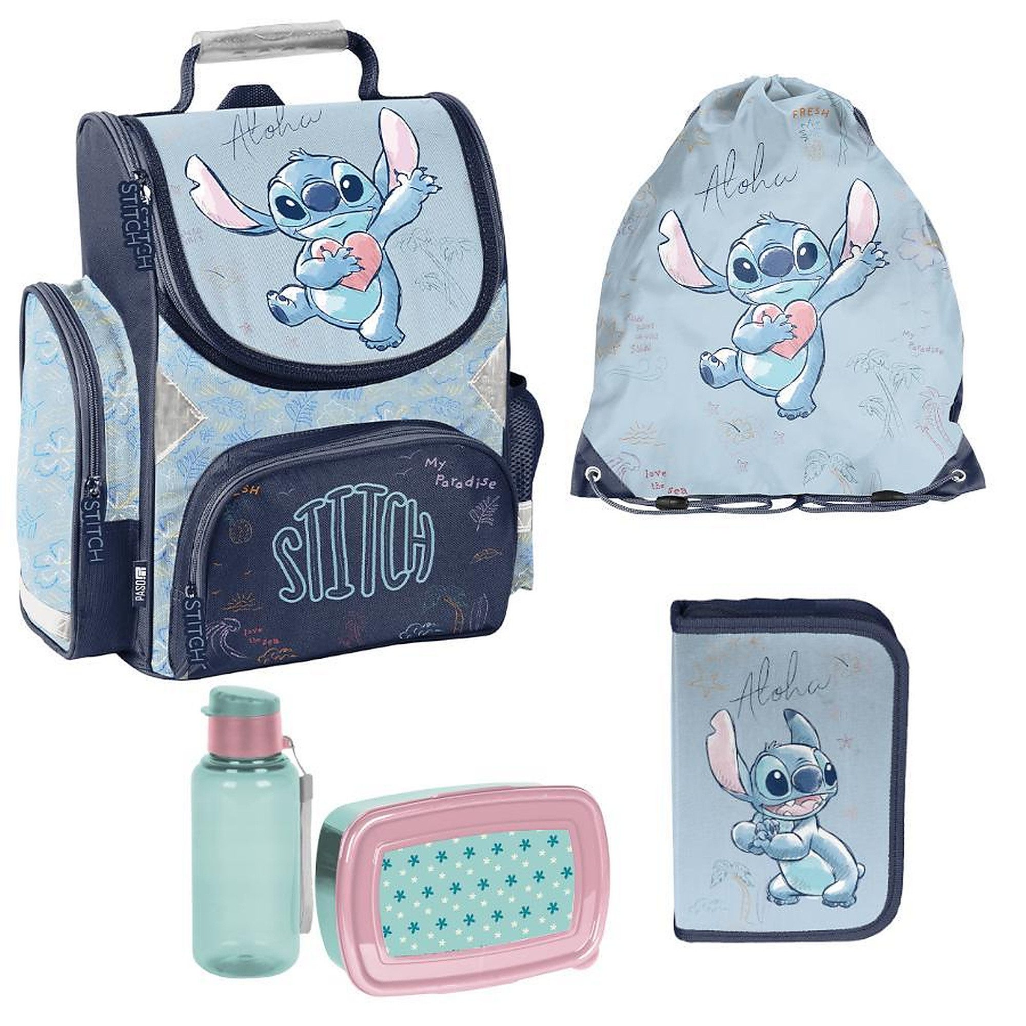 PASO Schulrucksack Lilo & Stitch Disney (Schulset, 5-tlg), Schulranzen-Set Für Jungen & Mädchen Klasse 1–3