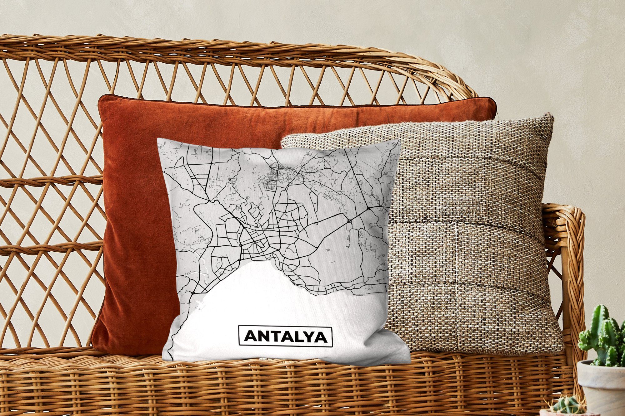 MuchoWow Dekokissen Antalya für Deko, Wohzimmer, Schwarz - - Zierkissen weiß Füllung Stadtplan mit Sofakissen Schlafzimmer, und - Karte
