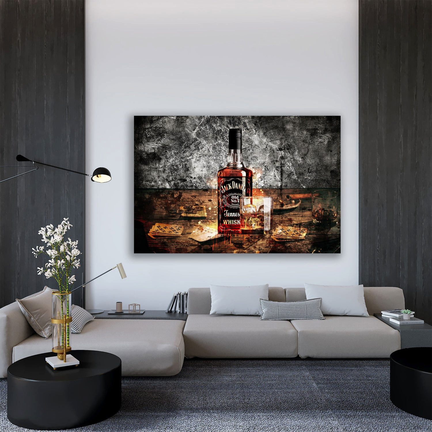 Artedinoi Leinwandbild Whiskey Flasche und Glas Wandbild Leinwandbild Jack Kunstdruck XL Wand, Whiskyflasche mit gefülltem Glas