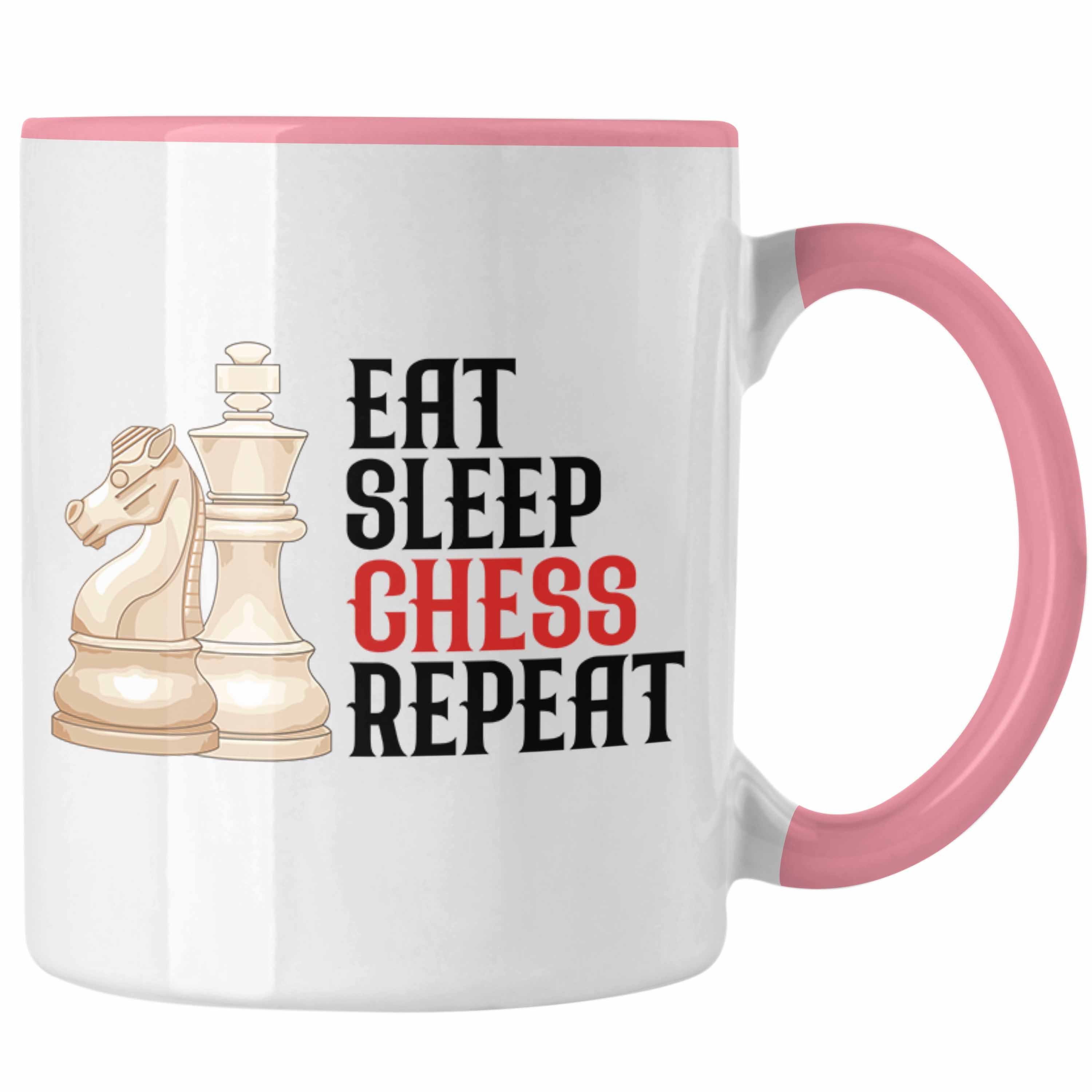 Trendation Tasse Trendation - Schach Tasse Geschenk für Schach-Spieler Profis Lustiger Spruch Grafik Eat Sleep Chess Rosa