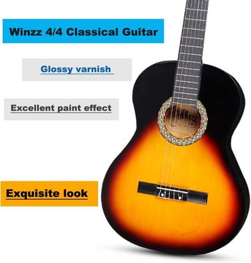 Winzz Konzertgitarre 4/4 Anfänger Set, Klassische Gitarre Kit mit Nylonsaiten, Eleganter Konzertgitarre und sieben Zubehörteilen für Musikliebhaber