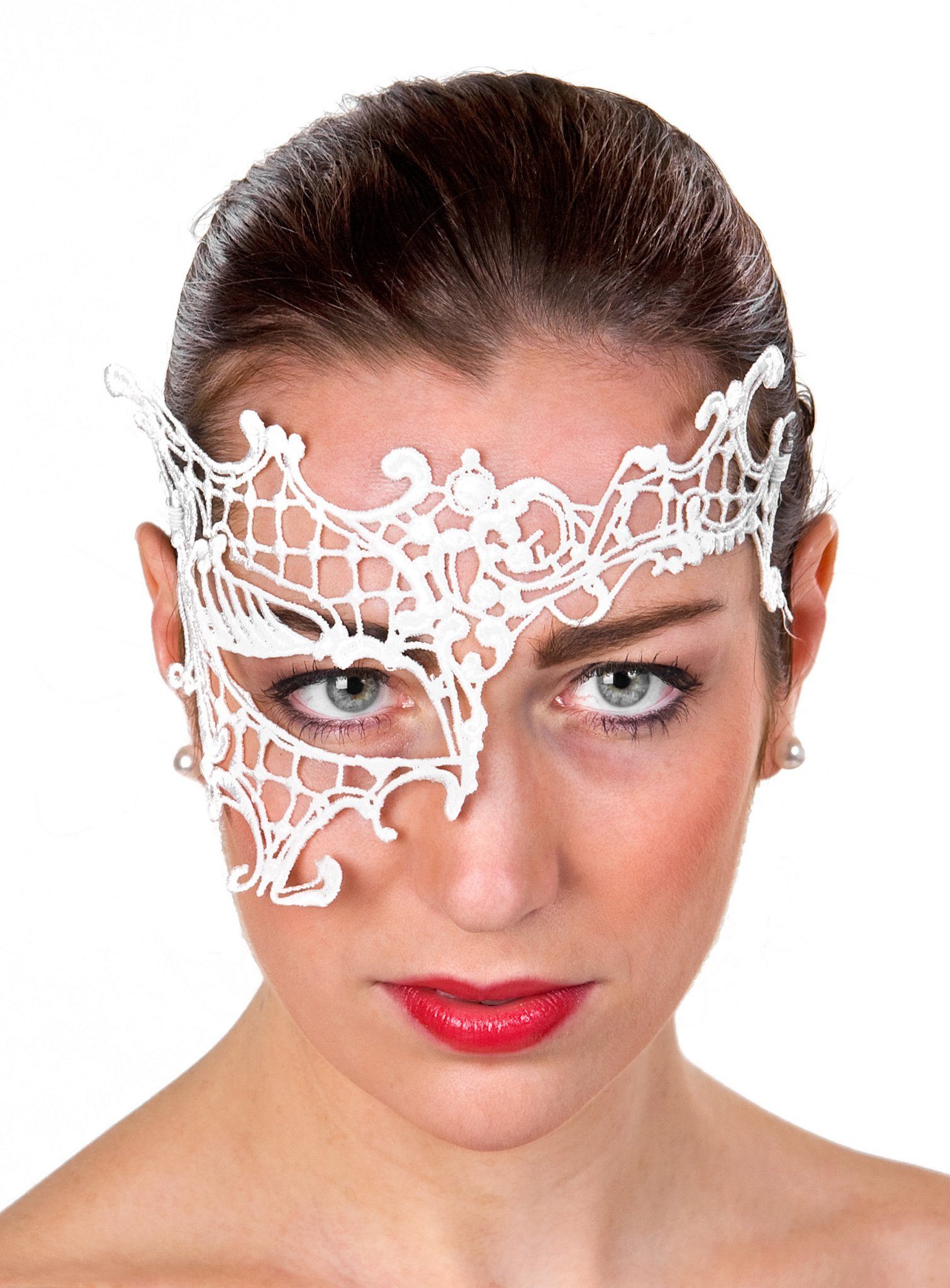 Metamorph Verkleidungsmaske Weiße Spitzenmaske asymmetrisch, Venezianische Augenmaske aus Stoff