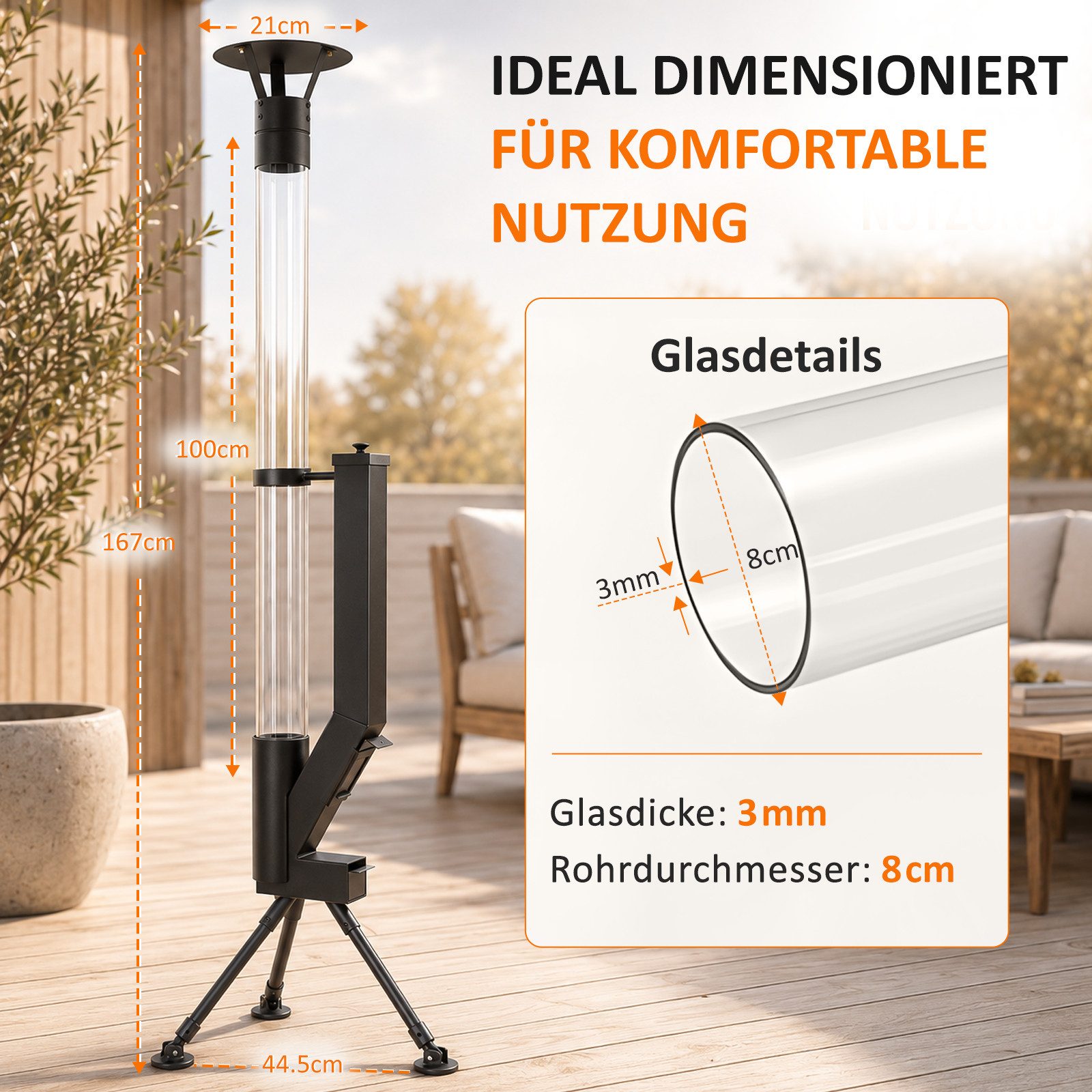 ZMH Terrassenstrahler Innenhof, mit brennbaren Partikeln, Glasröhrchen und Staubschutzhauben, 6-mm-Körner, 2 kg, brennt etwa 2 Stunden, für Garten und Terrasse – Bild 4 von 5