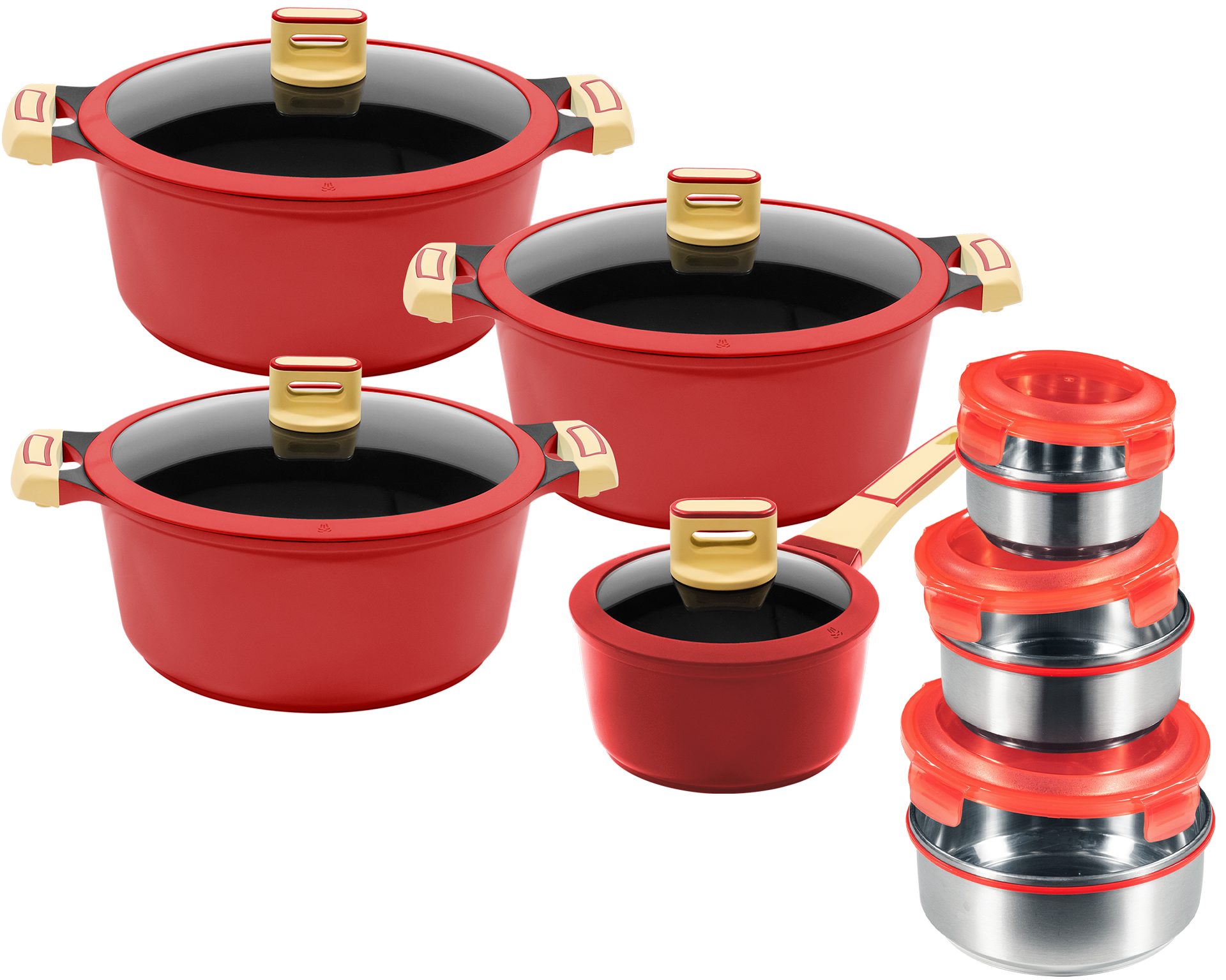 KING Topf-Set GOURMET, Aluminiumguss (Set, 14-tlg., je 1 Kochtopf 18/20/24 cm, 1 Stieltopf 16 cm, Schüssel-Set), Deckel Silikonrand,Antihaft-Beschichtung,Induktion