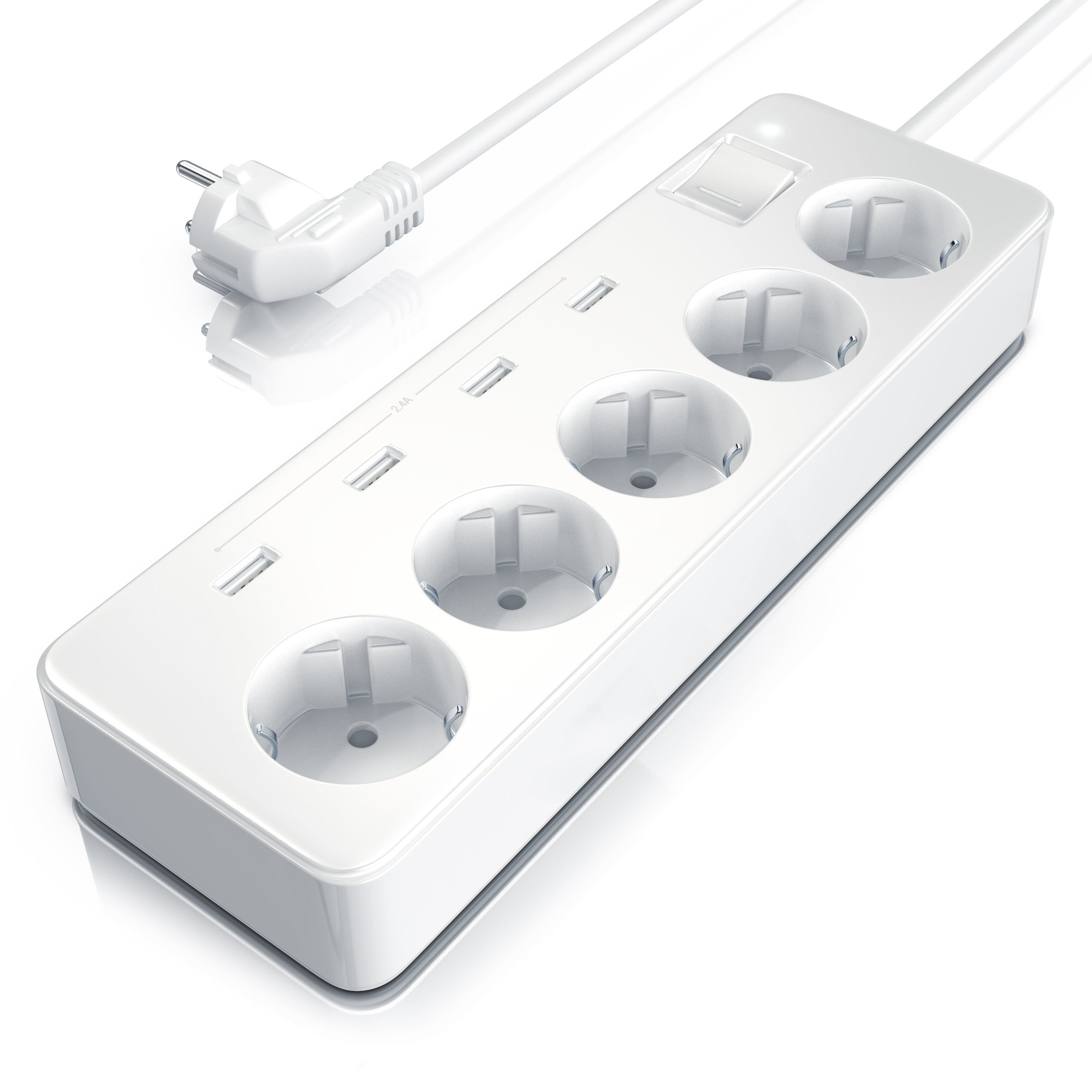 BEARWARE 5-Fach Steckdosenleiste mit 4 x USB Ladeports, 1,5m Kabel weiß Steckdosenleiste 5-fach (Ein-/Ausschalter, USB-Anschluss, Schutzkontaktstecker, Kindersicherung, Überspannungsschutz, Kabellänge 1,50 m), Typ F Mehrfachsteckdose, 5 Schuko-Steckdosen,