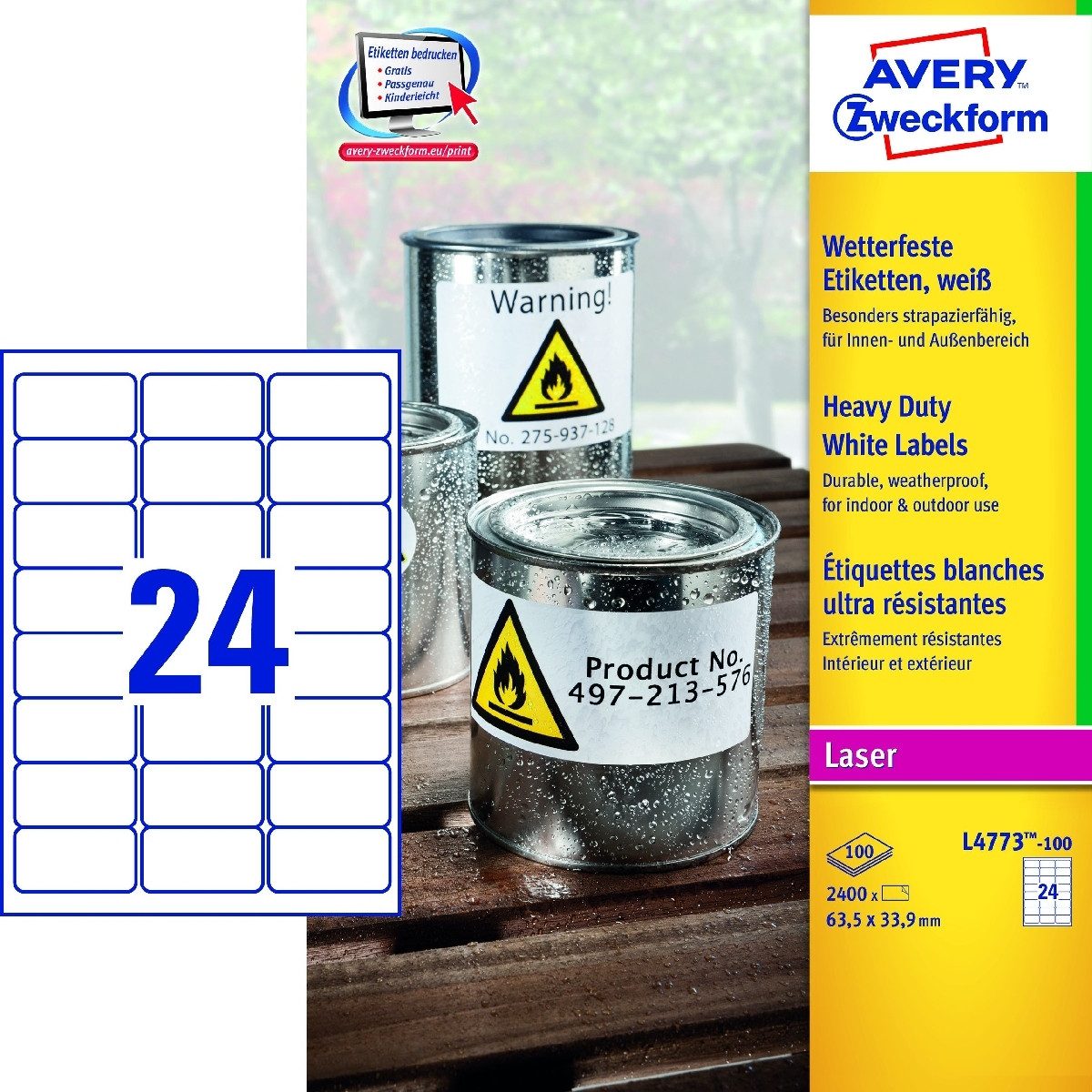 Avery Zweckform Etiketten Folienetiketten wetterfest 63,5x33,9mm VE=100 Bogen/2.400 Etiketten we