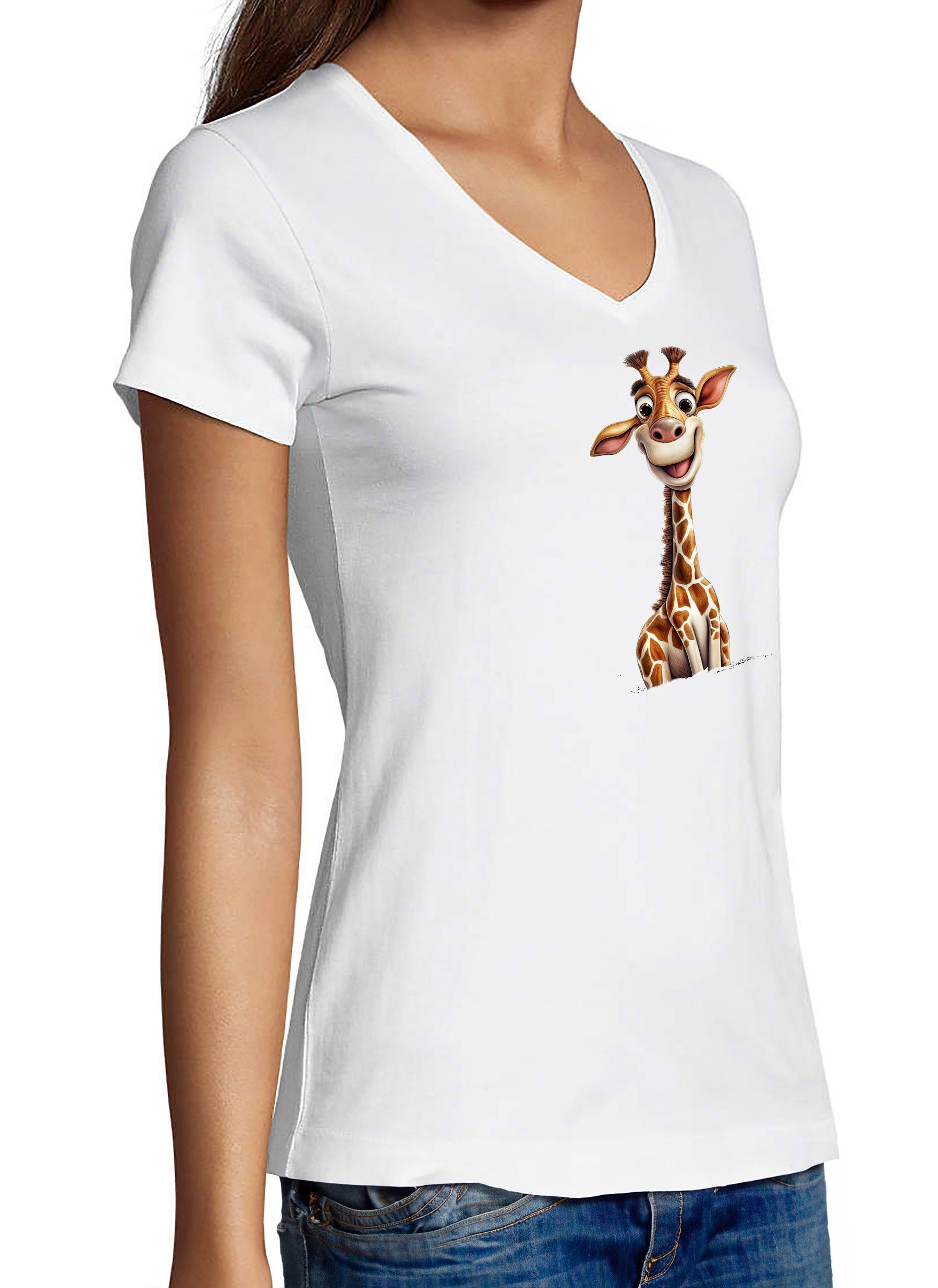 V-Ausschnitt Fit, MyDesign24 weiss - Baby Wildtier Giraffe Slim Shirt Print mit T-Shirt Damen Aufdruck i273 Baumwollshirt