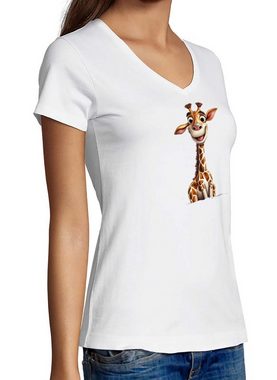 MyDesign24 T-Shirt Damen Wildtier Print Shirt - Baby Giraffe V-Ausschnitt Baumwollshirt mit Aufdruck Slim Fit, i273