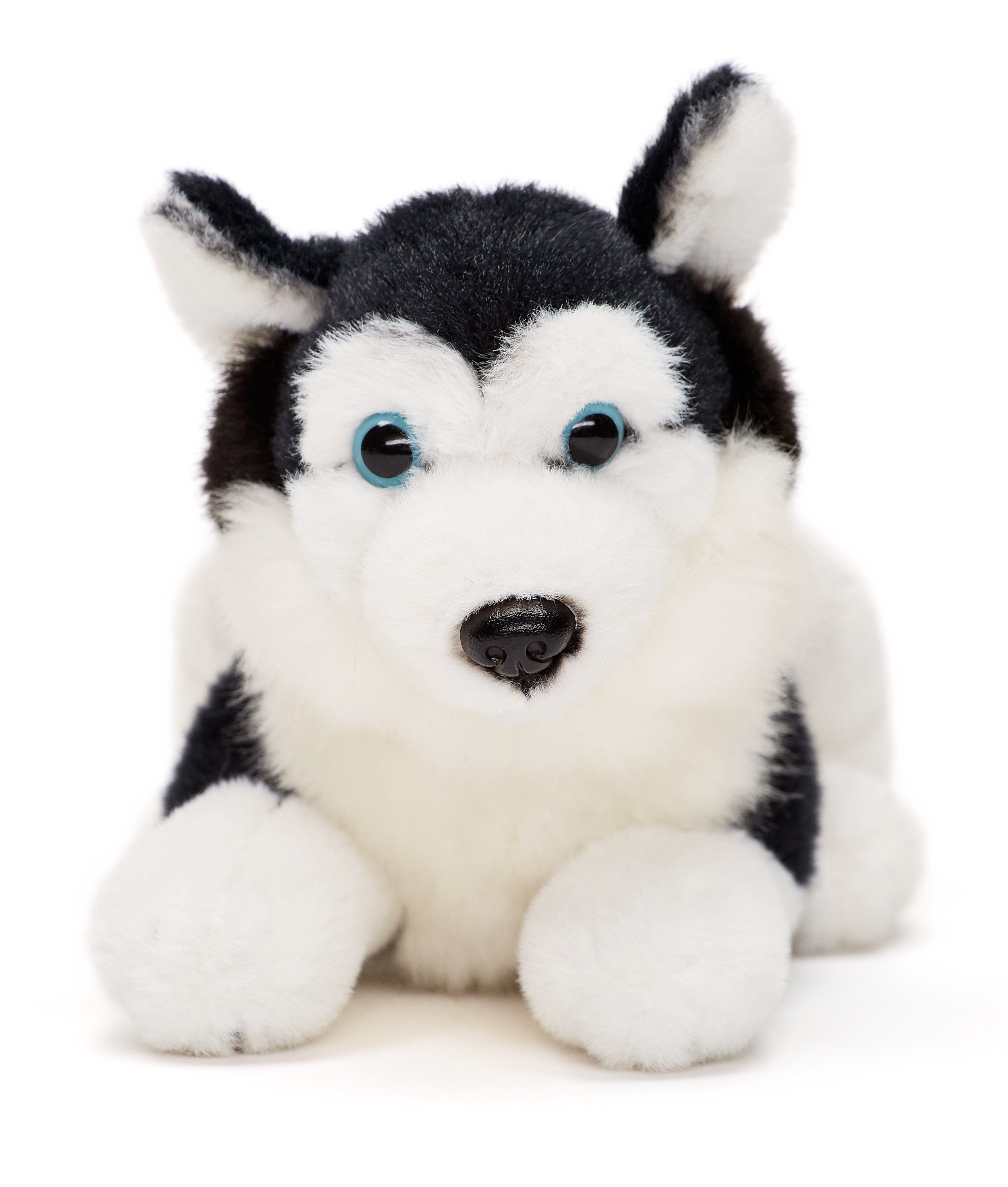 Uni-Toys Kuscheltier Husky schwarz, klein - liegend oder sitzend - Plüsch-Hund - Plüschtier, zu 100 % recyceltes Füllmaterial