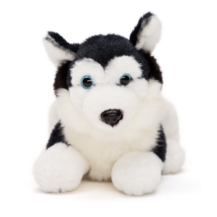Uni-Toys Kuscheltier Husky schwarz klein - liegend oder sitzend - Plüsch-Hund - Plüschtier zu 100 % recyceltes Füllmaterial