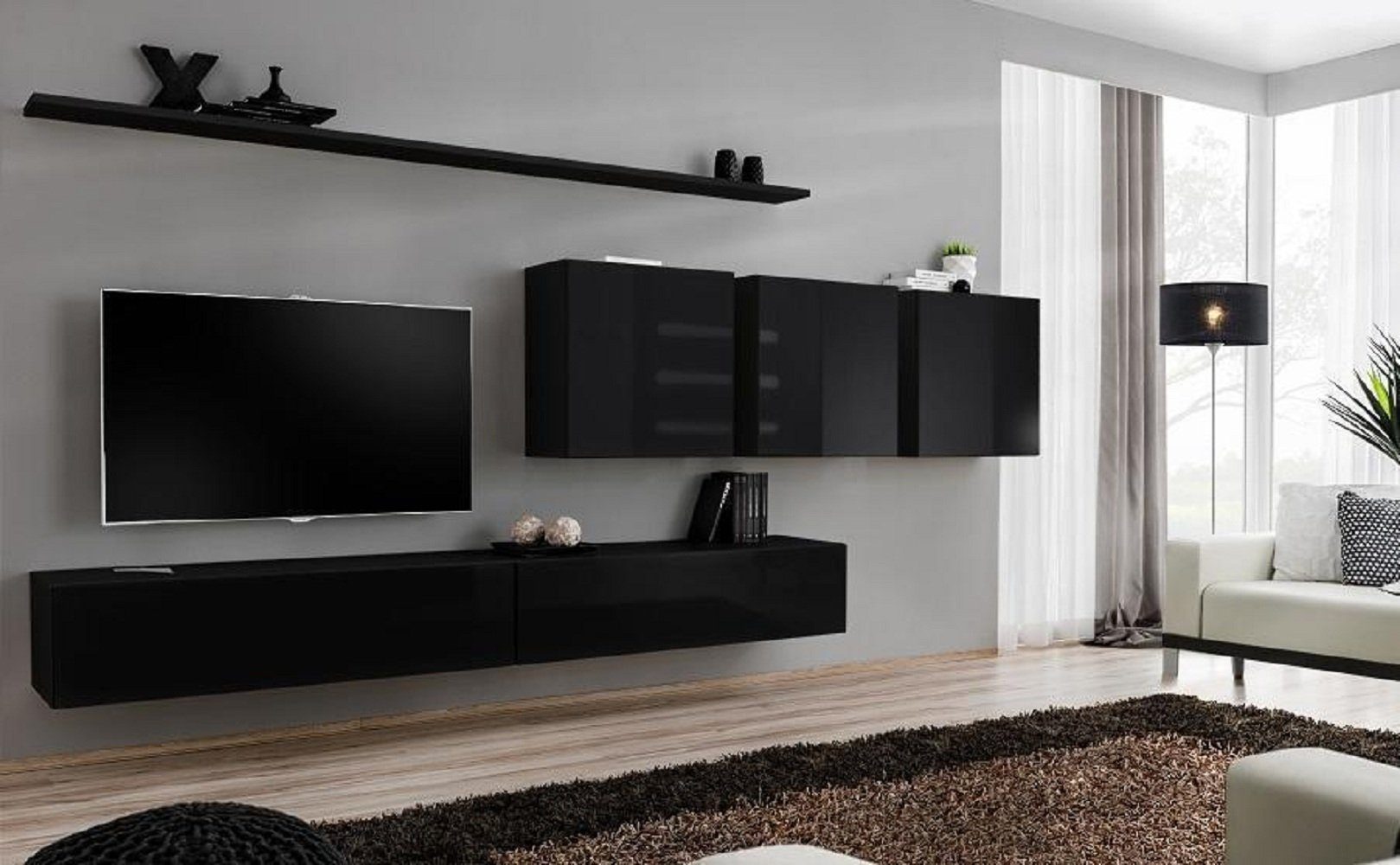 in 2x JVmoebel + Wandschrank Wohnwand Sideboard, 3x Wandregal), Made Wohnzimmermöbel Europa TV + Designer + Wohnzimmer-Set 1x Schwarz Ständer (8-St., Modern Wohnwand 2x