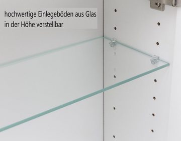 möbelando Spiegelschrank Stockholm Moderner Spiegelschrank, Korpus aus MDF in Oxid Stone mit 3 Spiegeltüren und 6 Glaseinlegeböden, inkl. 1 LED-Aufbauleuchte, Trafobox, Schalter und Steckdose. Breite 80 cm, Höhe 64 cm, Tiefe 20 cm