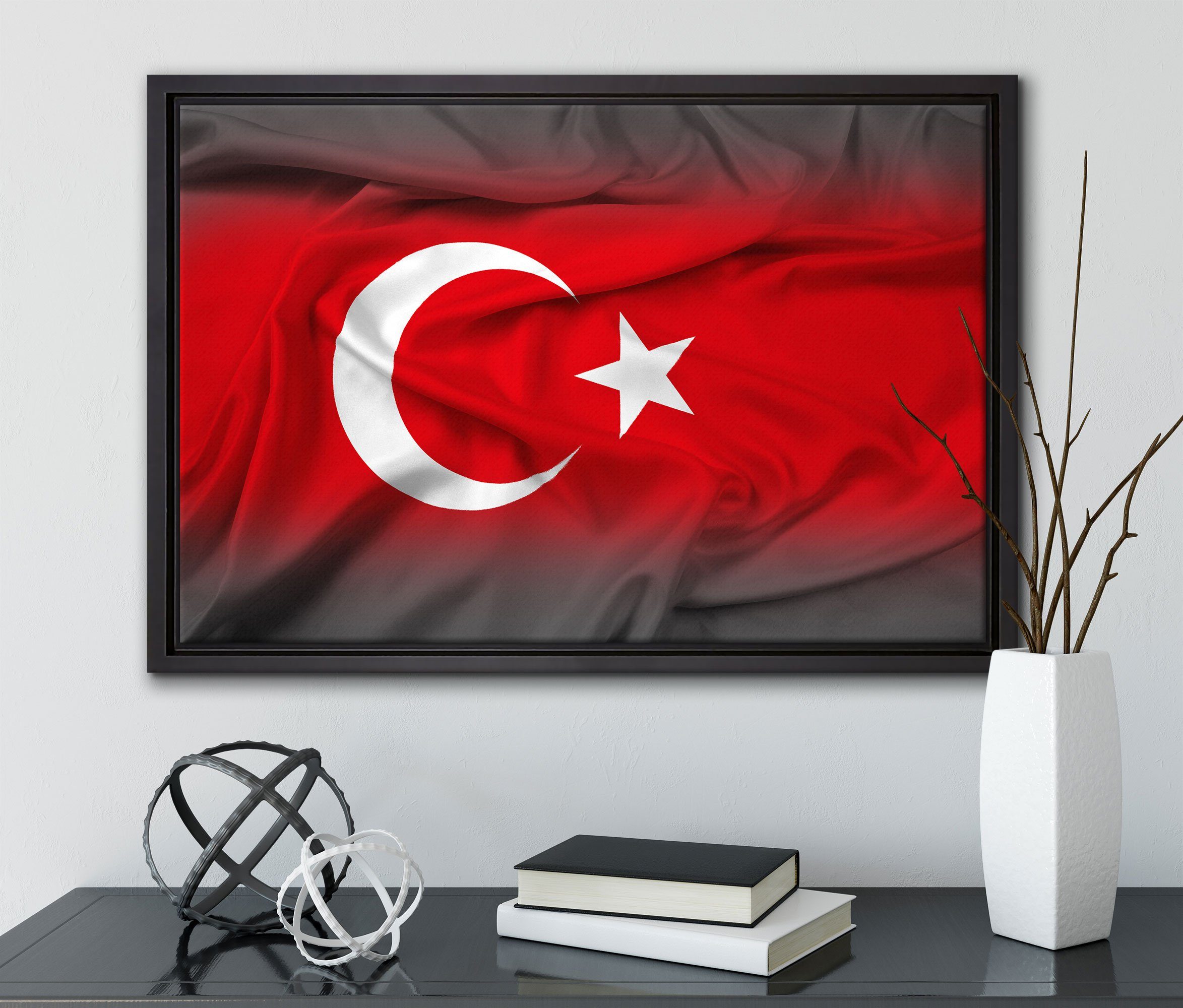 Türkei, Pixxprint Leinwandbild fertig inkl. gefasst, Flagge St), in Zackenaufhänger bespannt, (1 der Schattenfugen-Bilderrahmen einem Leinwandbild Wanddekoration