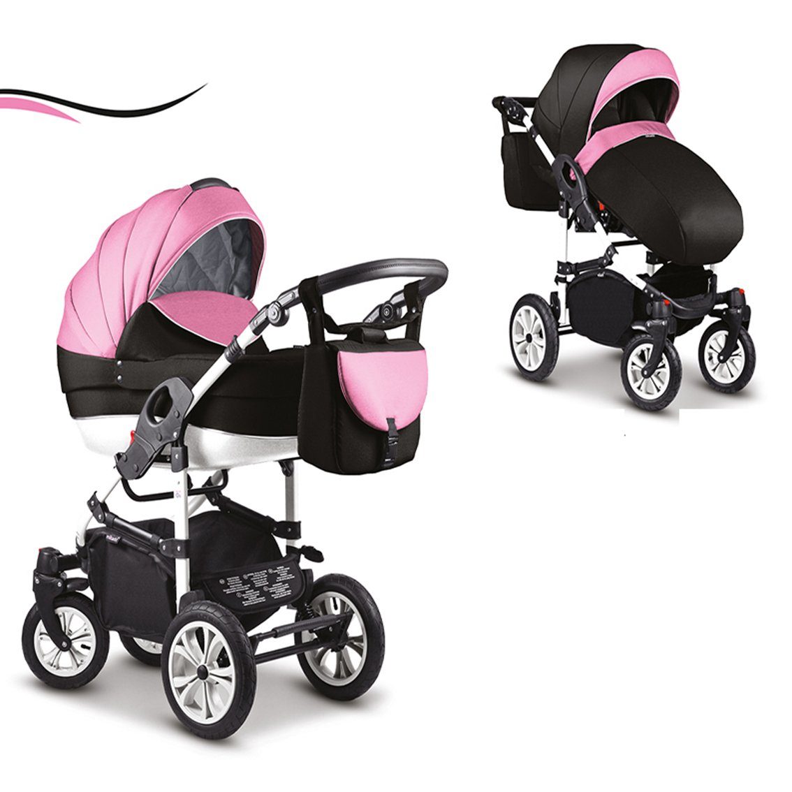 babies-on-wheels Kombi-Kinderwagen 2 in 1 Kinderwagen-Set Cosmo - 13 Teile - in 16 Farben Schwarz-Rosa-Weiß