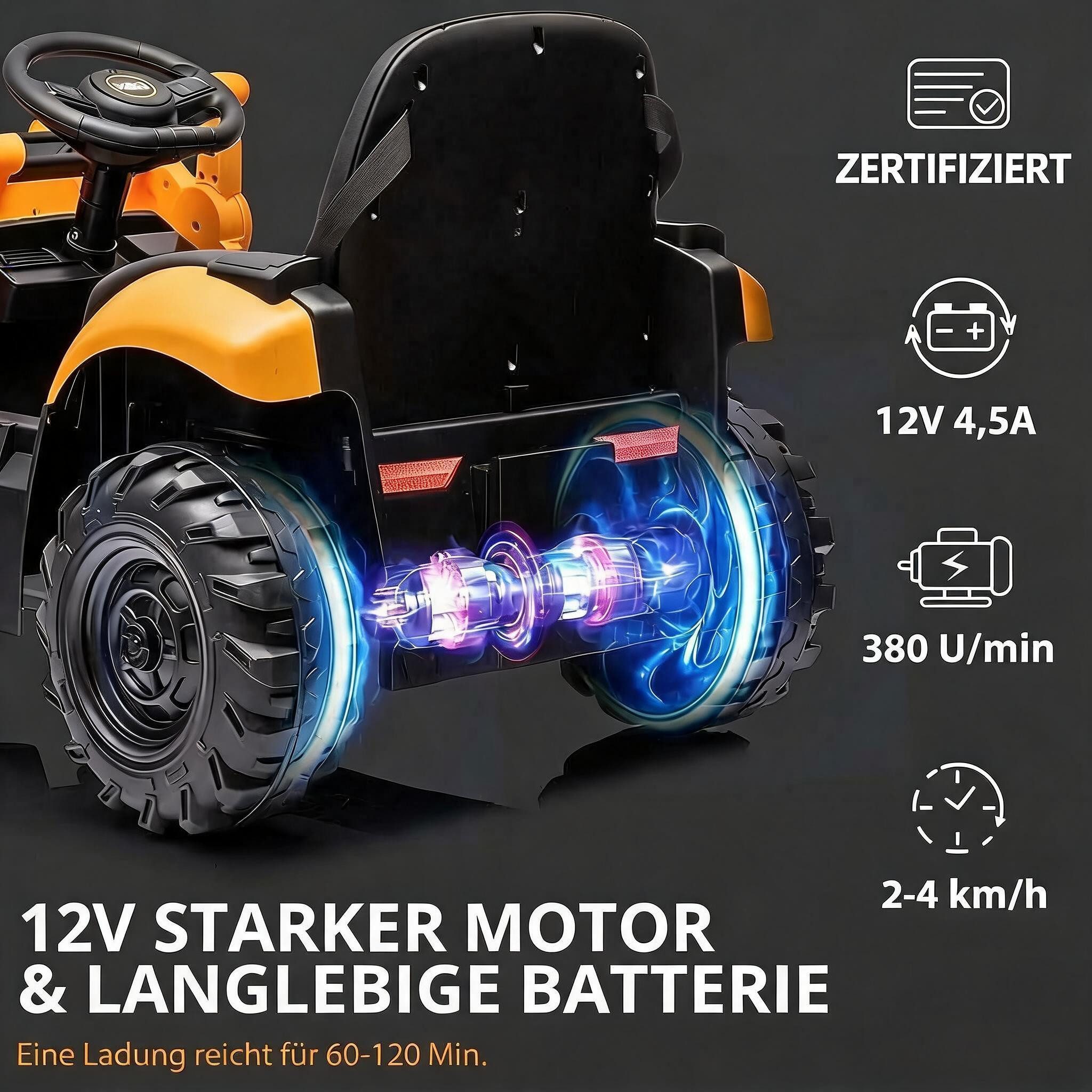 GarveeMore Elektro-Kinderauto 4-in-1 Kinder Elektrofahrzeug 12V, Elektrischer Traktor, Mit Bagger & Frontlader, Hupe, Abnehmbares Dach