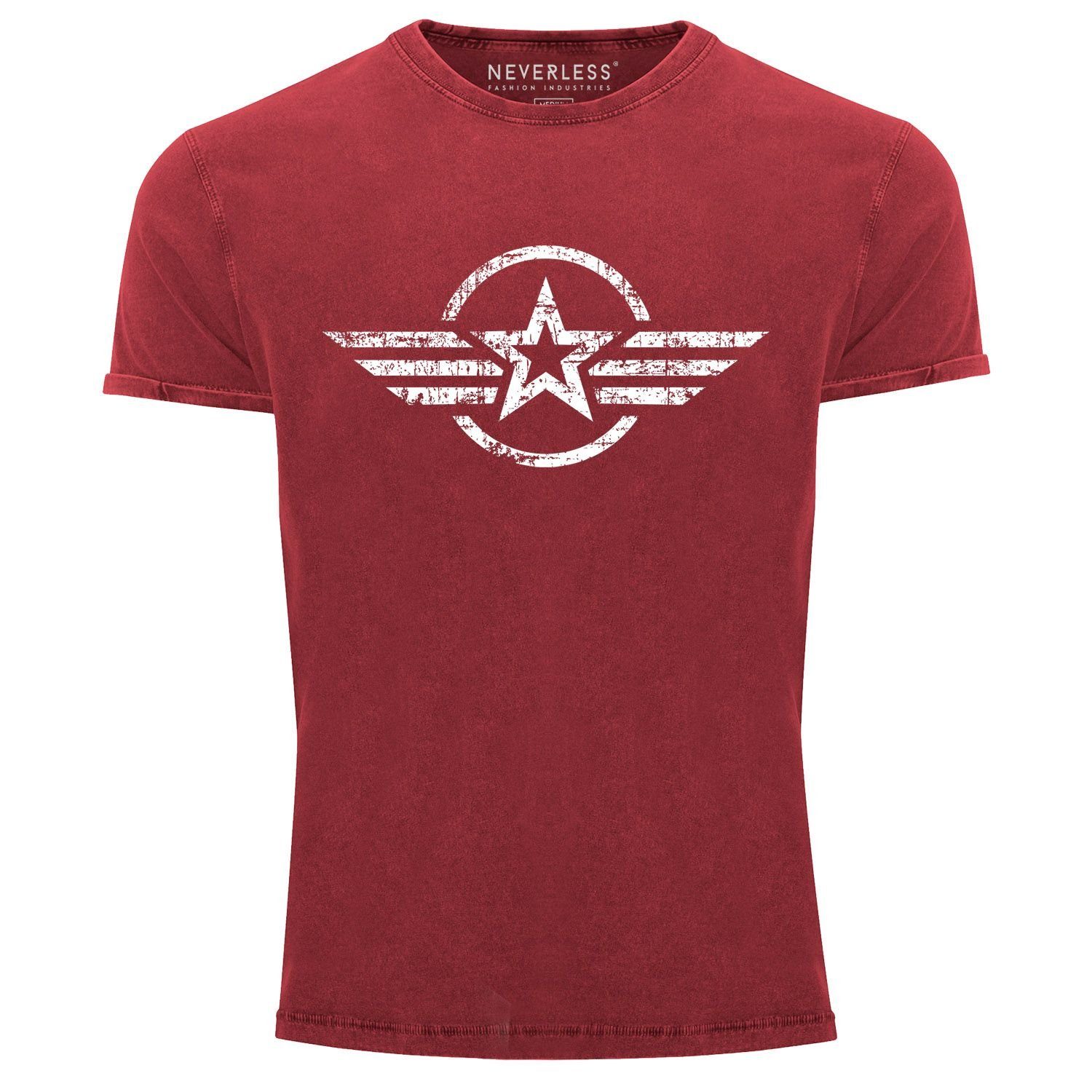Military Aufdruck Army Neverless Shirt Slim Print Look Used mit Printshirt Vintage Airforce Print-Shirt Herren rot Aufdruck Fit T-Shirt Stern Neverless®