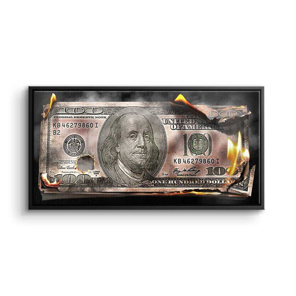 DOTCOMCANVAS® 100 Leinwandbild, Dolllar Wandbild- - schwarzer Burning Bill Premium Rahmen Moneymaker